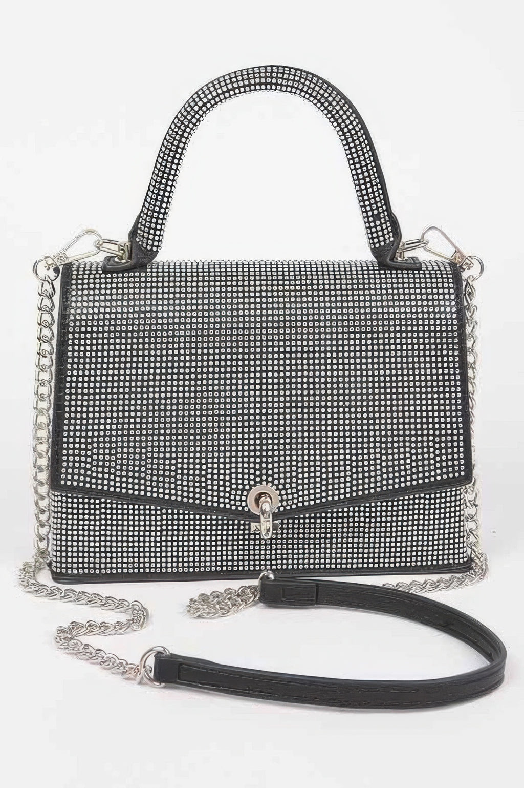 Black hotfix rhinestone clutch bag with top handle, chain strap, and turn-lock clasp.