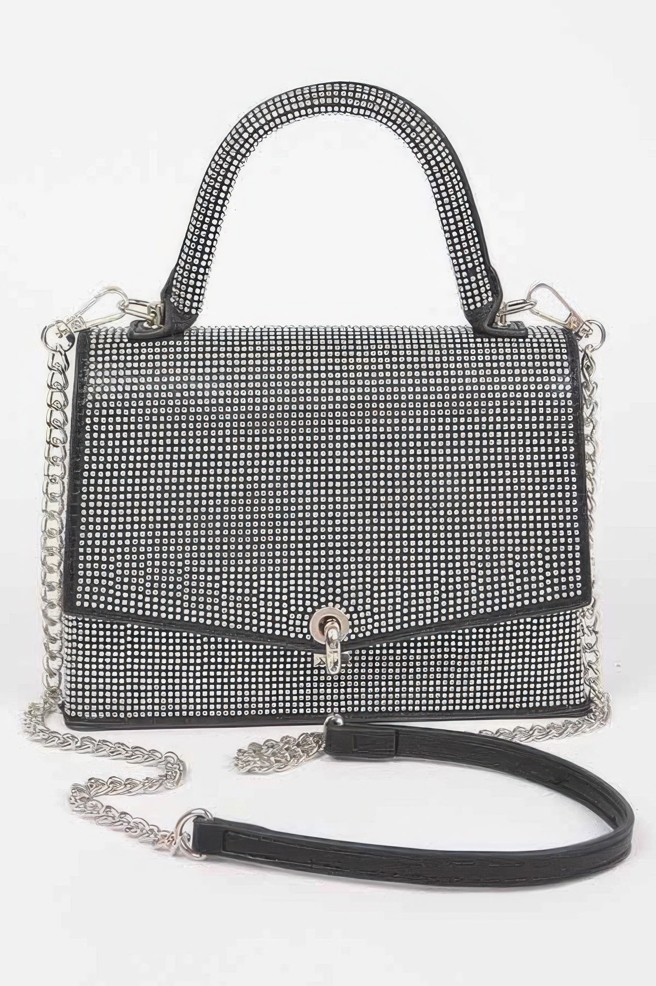 Black hotfix rhinestone clutch bag with top handle, chain strap, and turn-lock clasp.