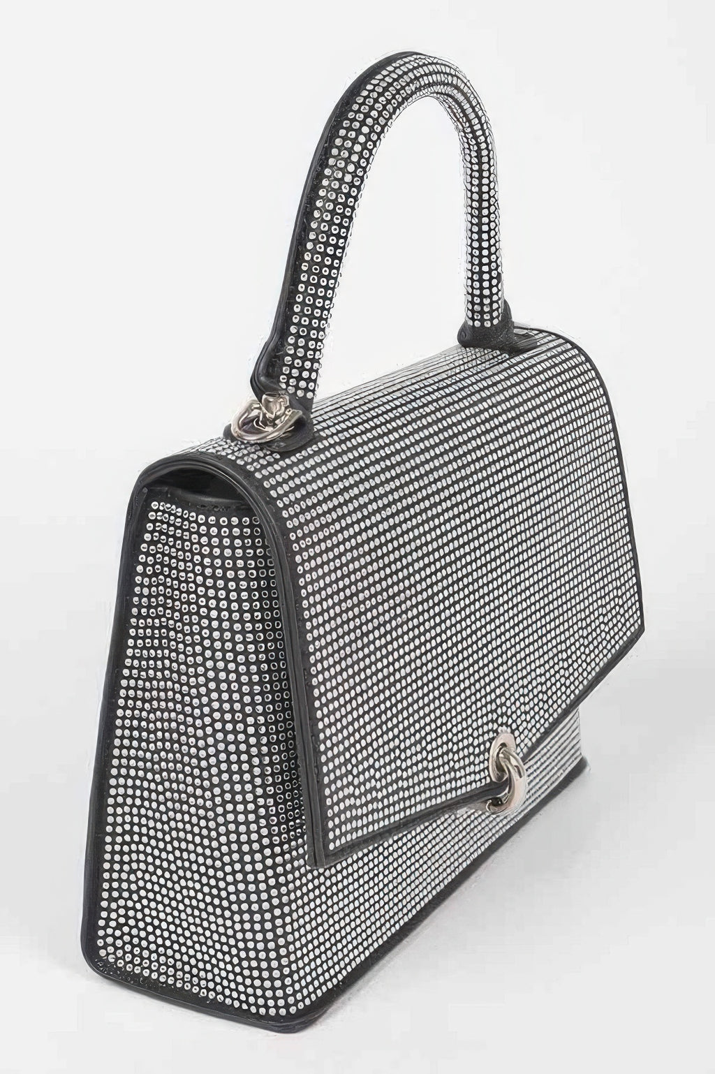 Black rhinestone clutch with structured box shape, metal clasp, and chain shoulder strap.
