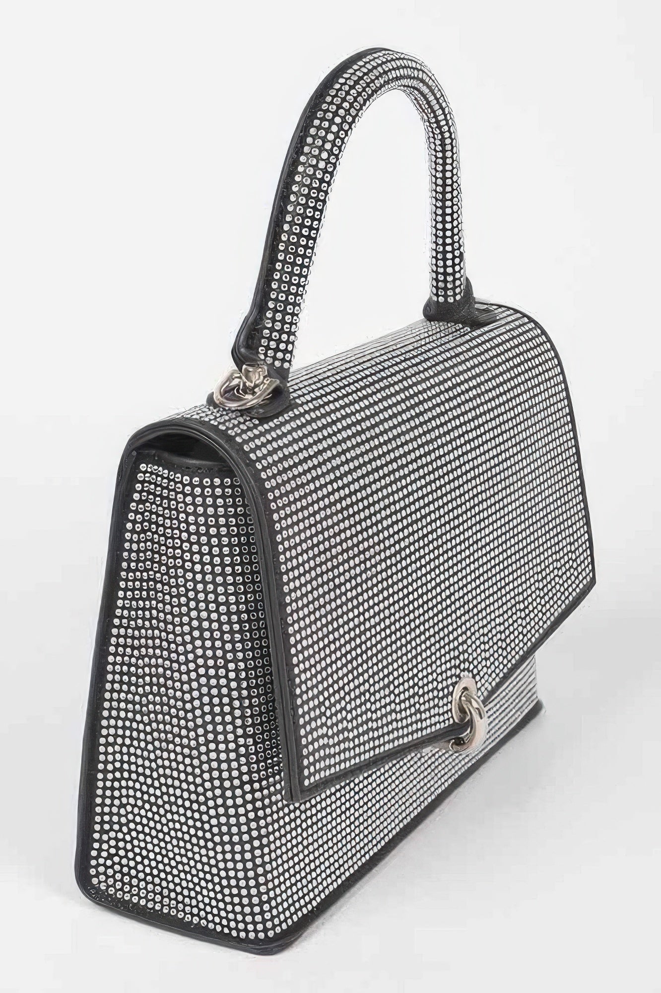 Black rhinestone clutch with structured box shape, metal clasp, and chain shoulder strap.