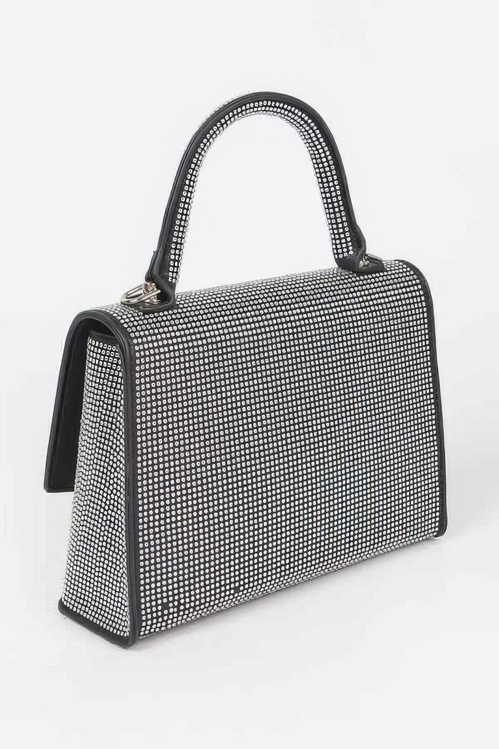 Black rhinestone clutch bag with curved top handle and front flap with metal clasp.