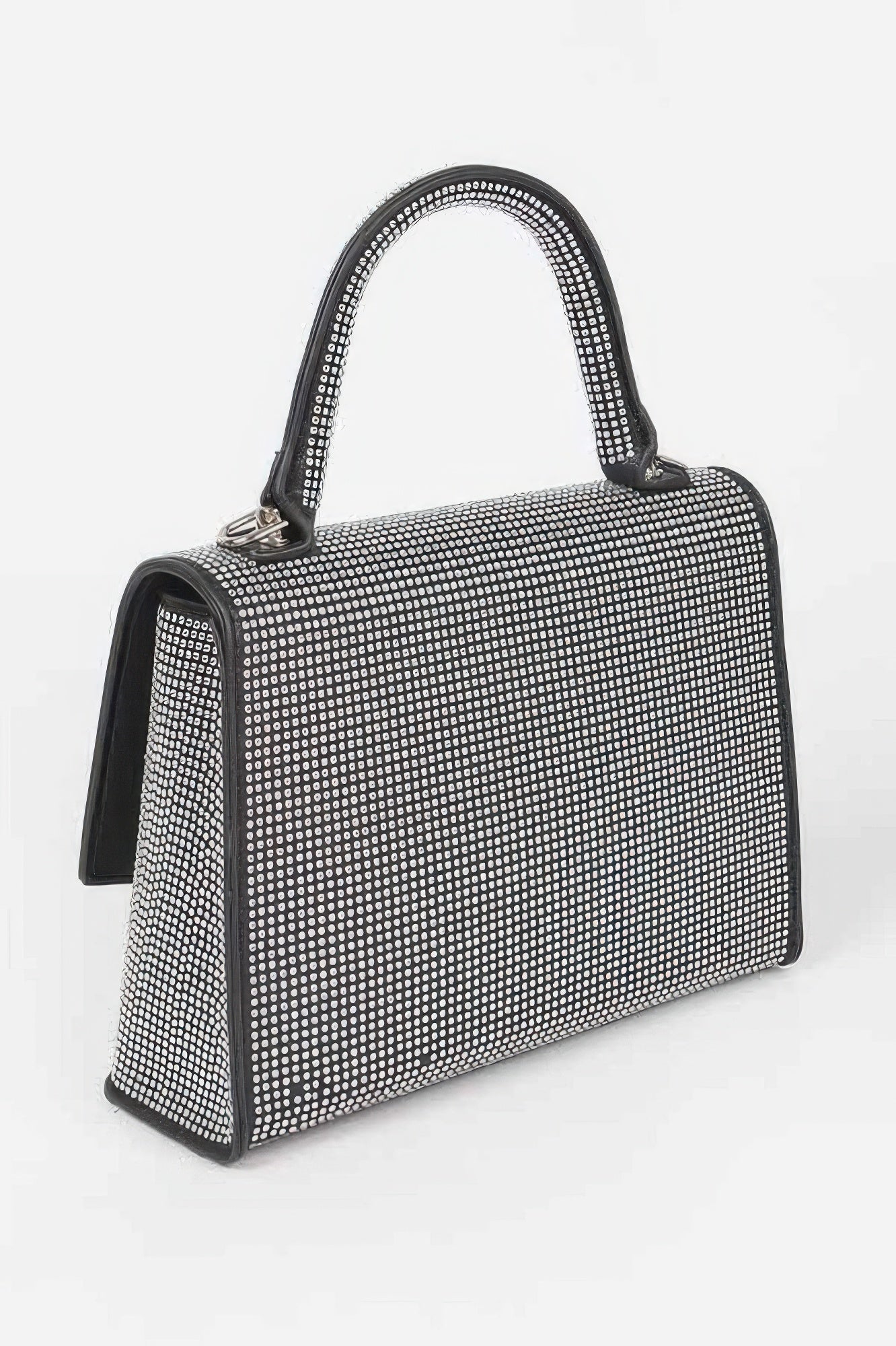 Black rhinestone clutch bag with curved top handle and front flap with metal clasp.