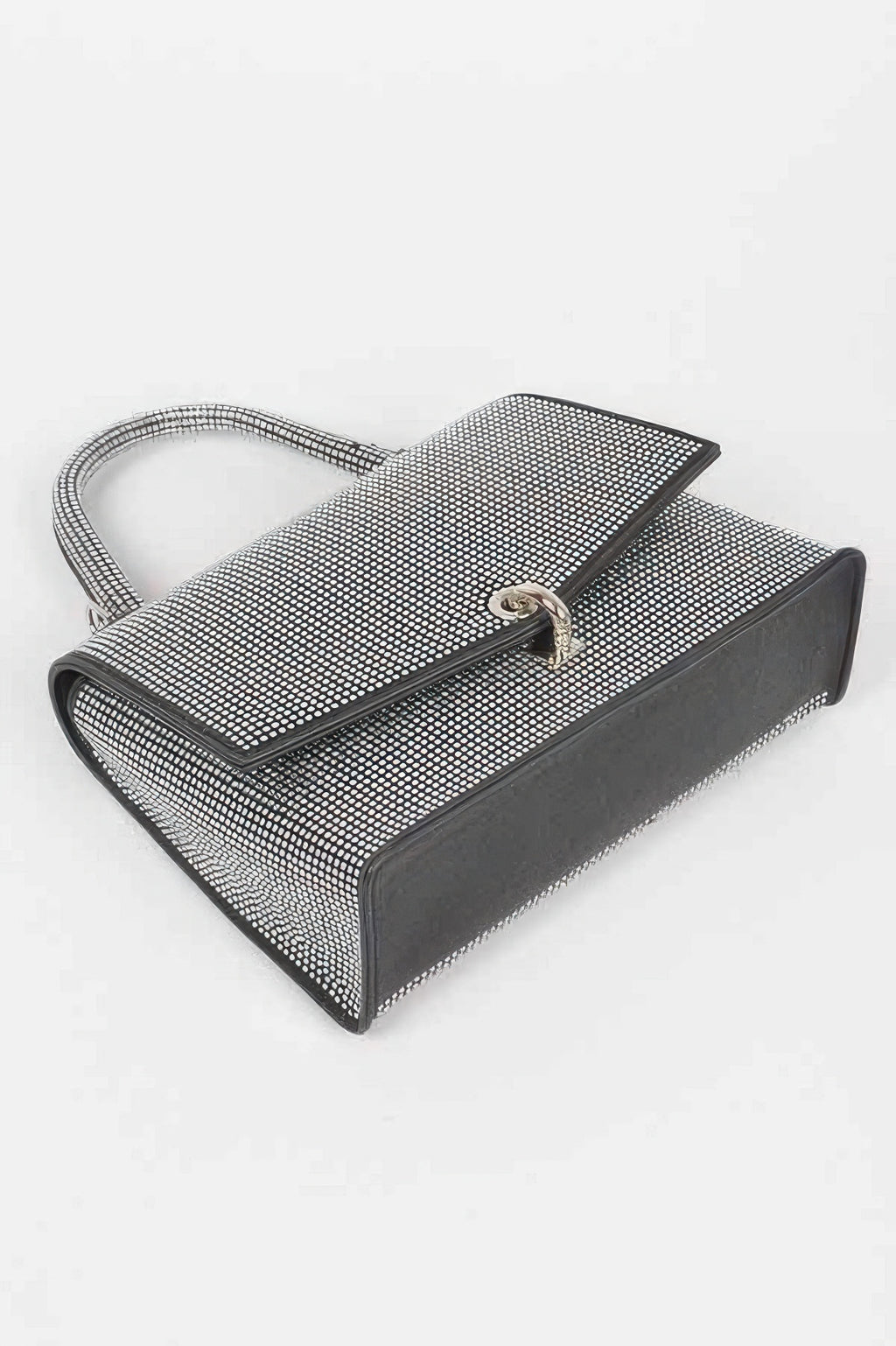 Black hotfix rhinestone clutch with magnetic/turn-lock clasp and chain handle strap.