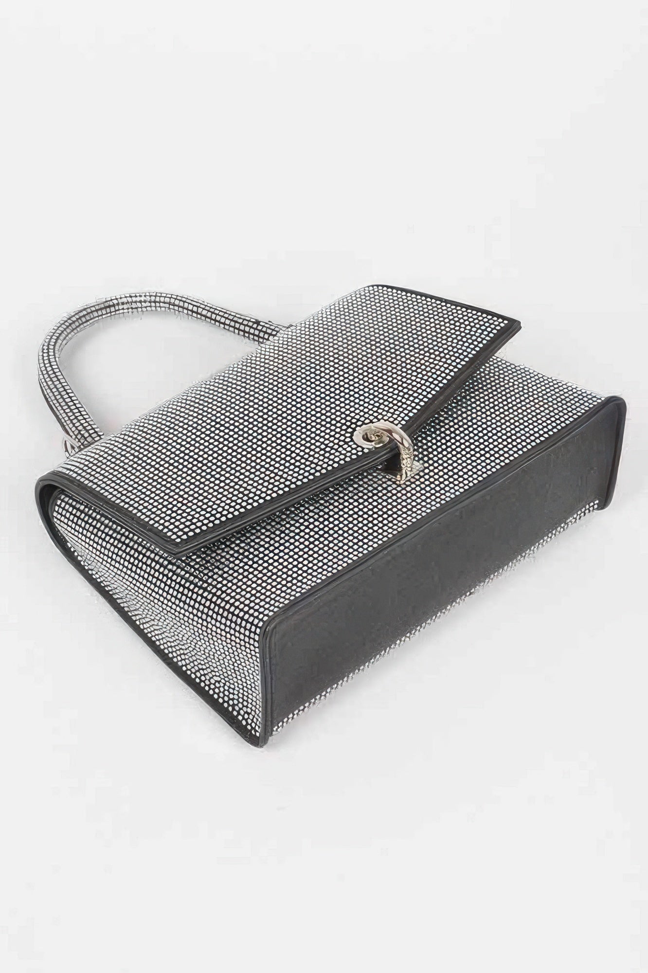 Black hotfix rhinestone clutch with magnetic/turn-lock clasp and chain handle strap.