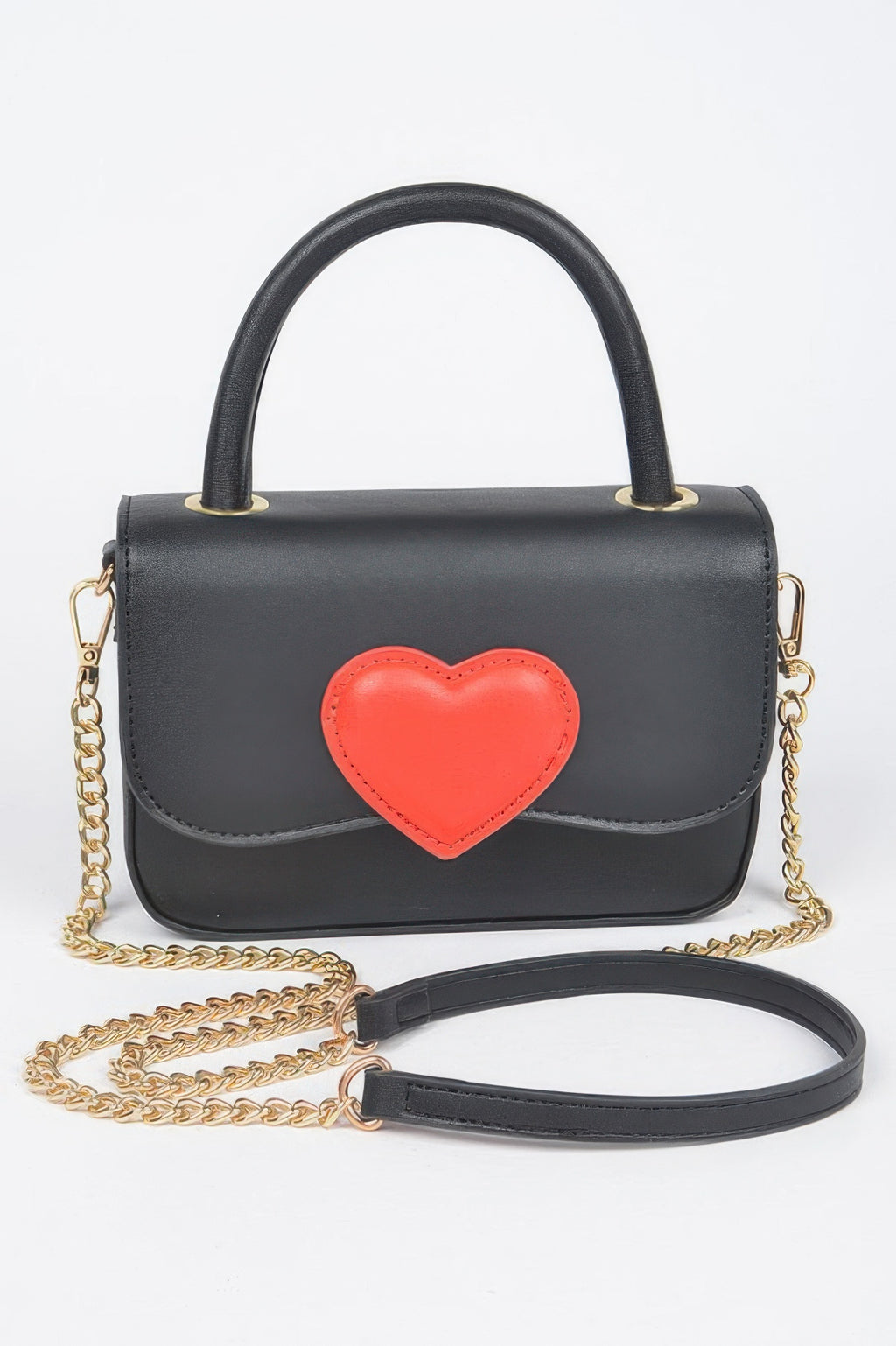 Black vegan top-handle bag with red heart front and gold-tone chain strap