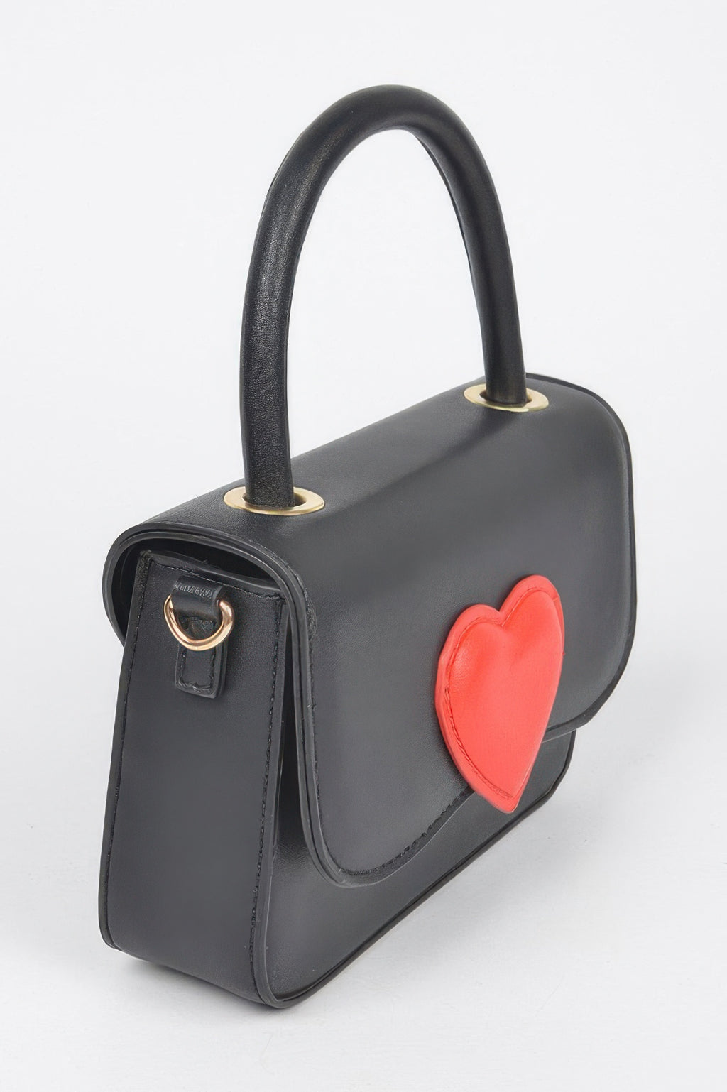 Black vegan top-handle bag, red heart patch, side buckle detail