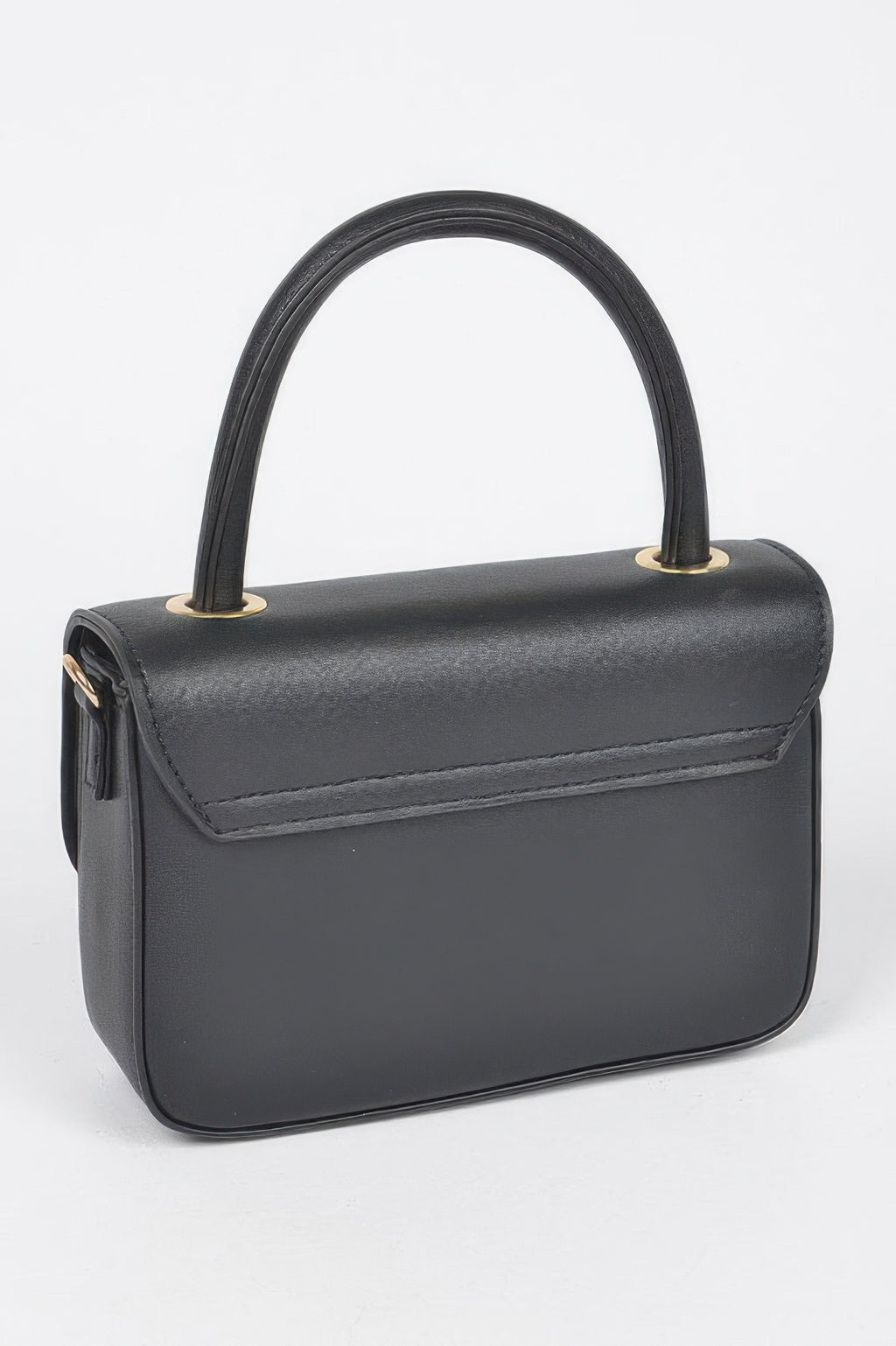 Black vegan top-handle bag with simple flap and gold-tone hardware