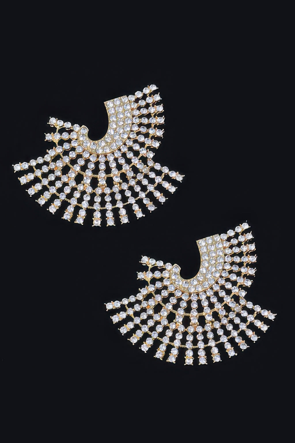 Rhinestone party earrings, clear-silver fan with dangling crystal rows