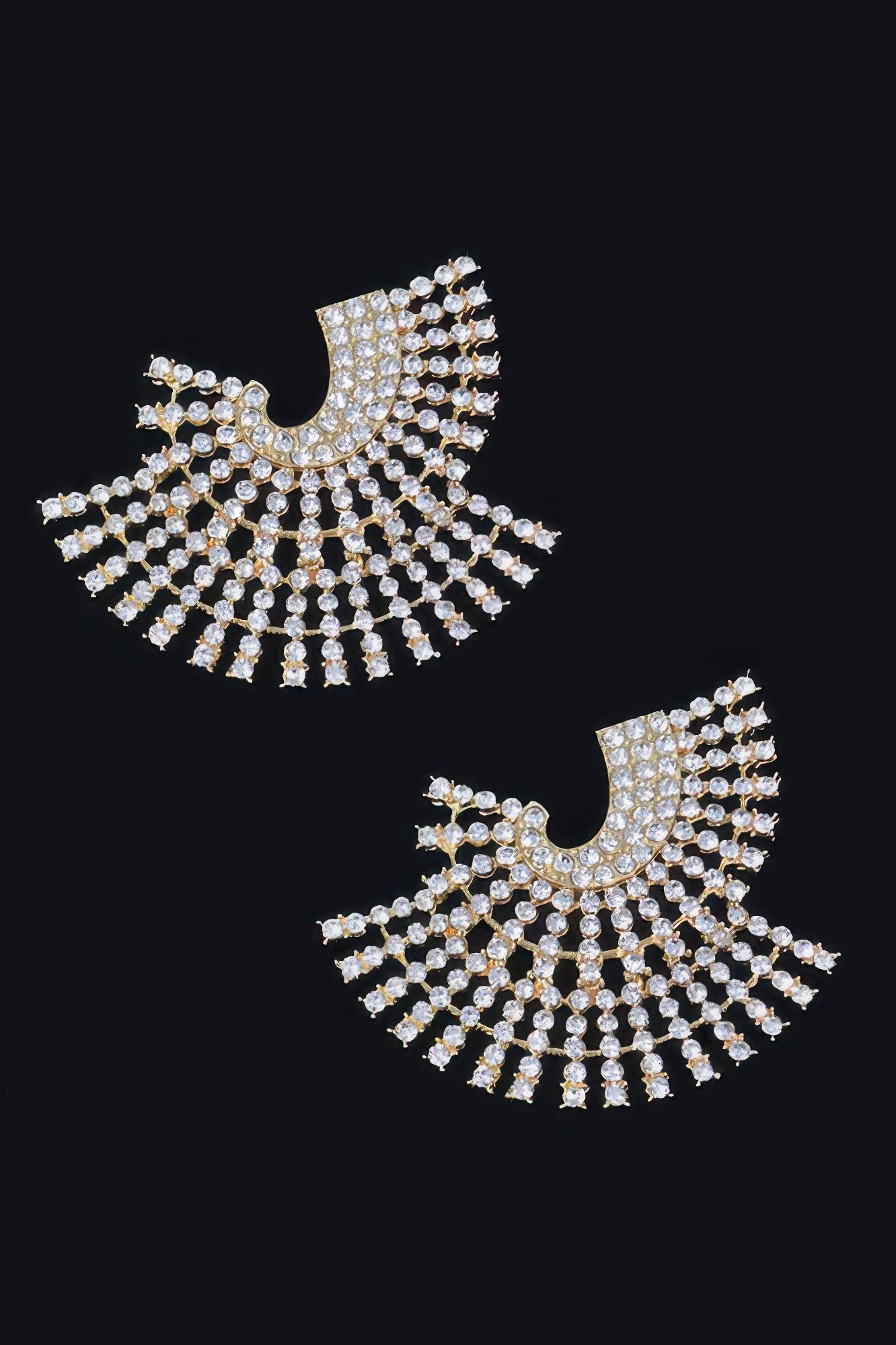 Rhinestone party earrings, clear-silver fan with dangling crystal rows
