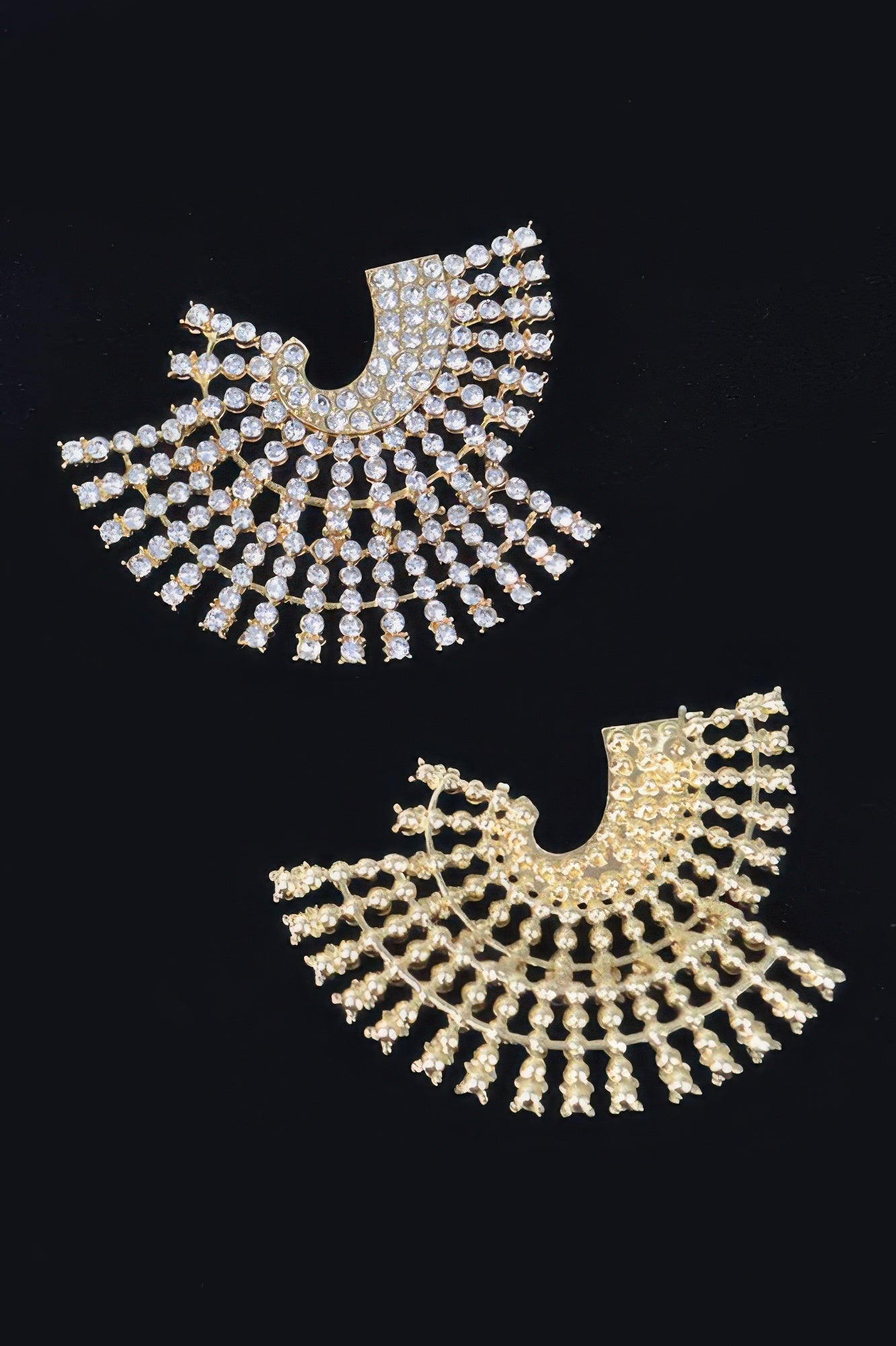 Rhinestone party earrings, clear-gold fan with dangling crystal rows