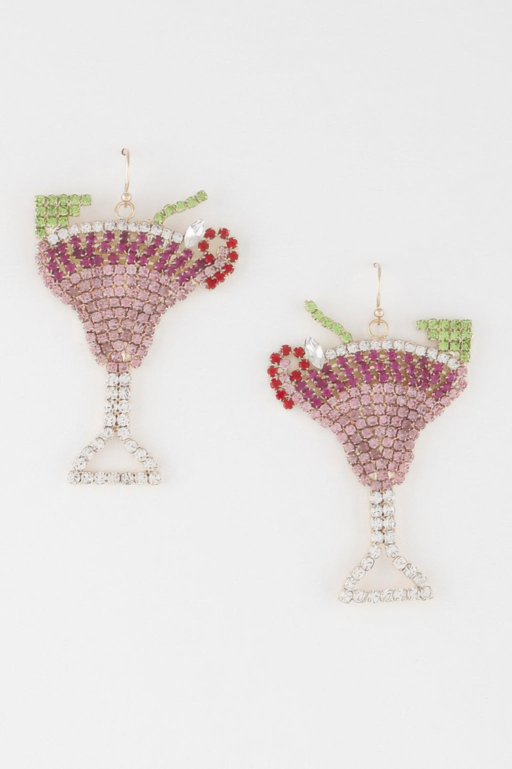 Jeweled fruit cocktail earrings: purple rhinestone martini glasses with red and green fruit accents