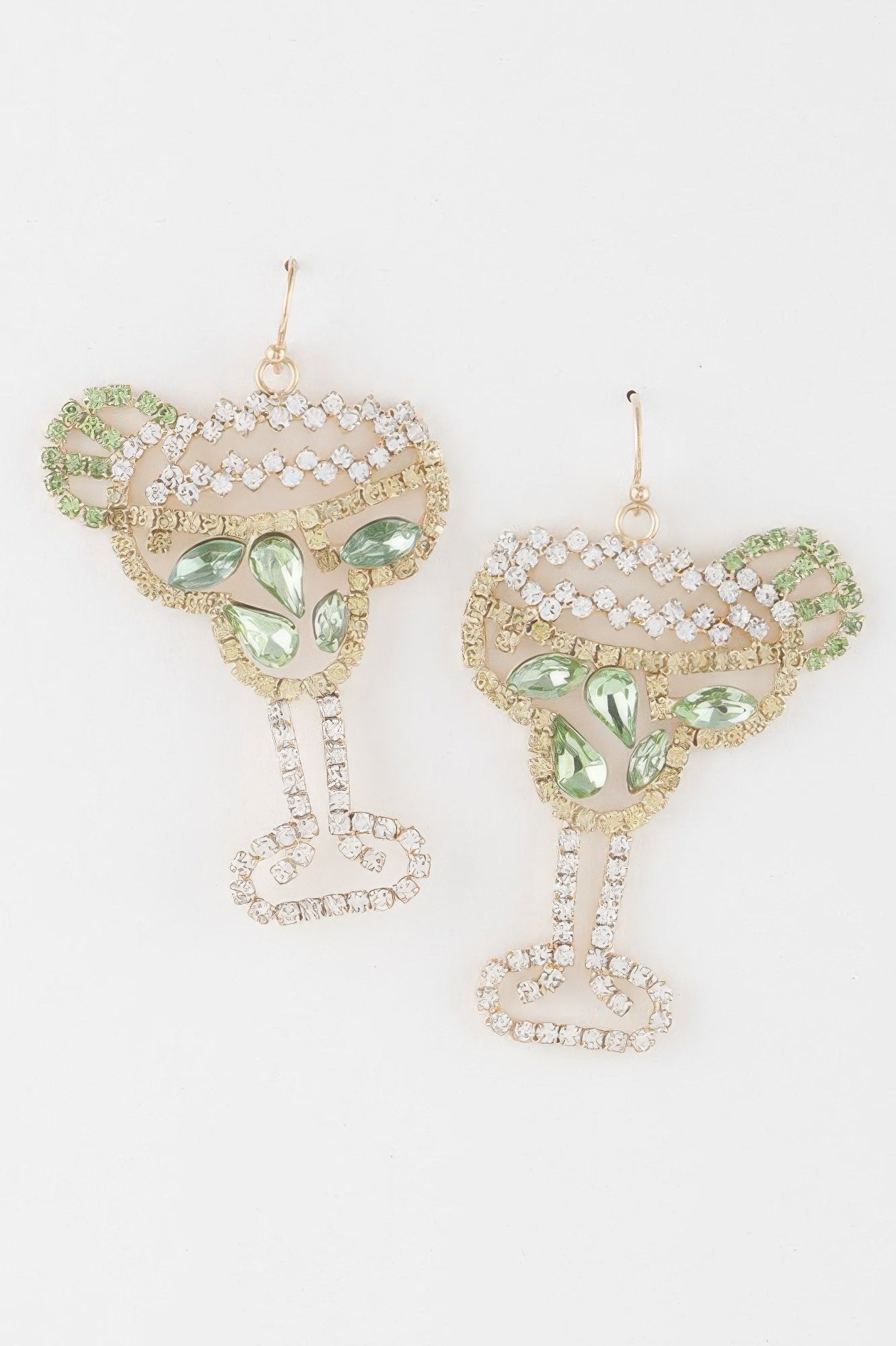 Gold jeweled lime-green cocktail earrings with dangling crystal legs
