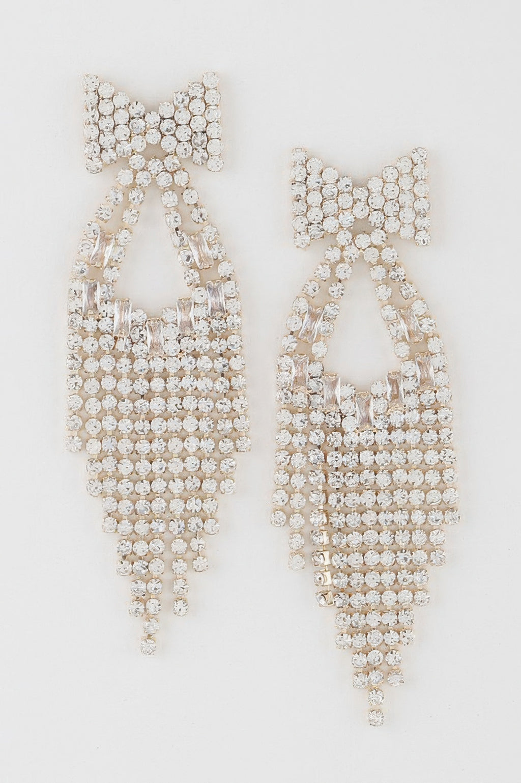 Rhinestone ribbon drop earrings with top bow and layered dangling strands of round crystals