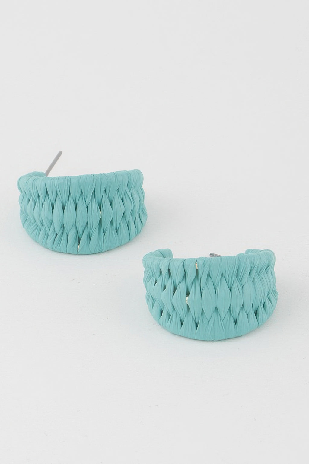 Turquoise triple-woven hoop earrings, flat profile with gold-toned stud tops