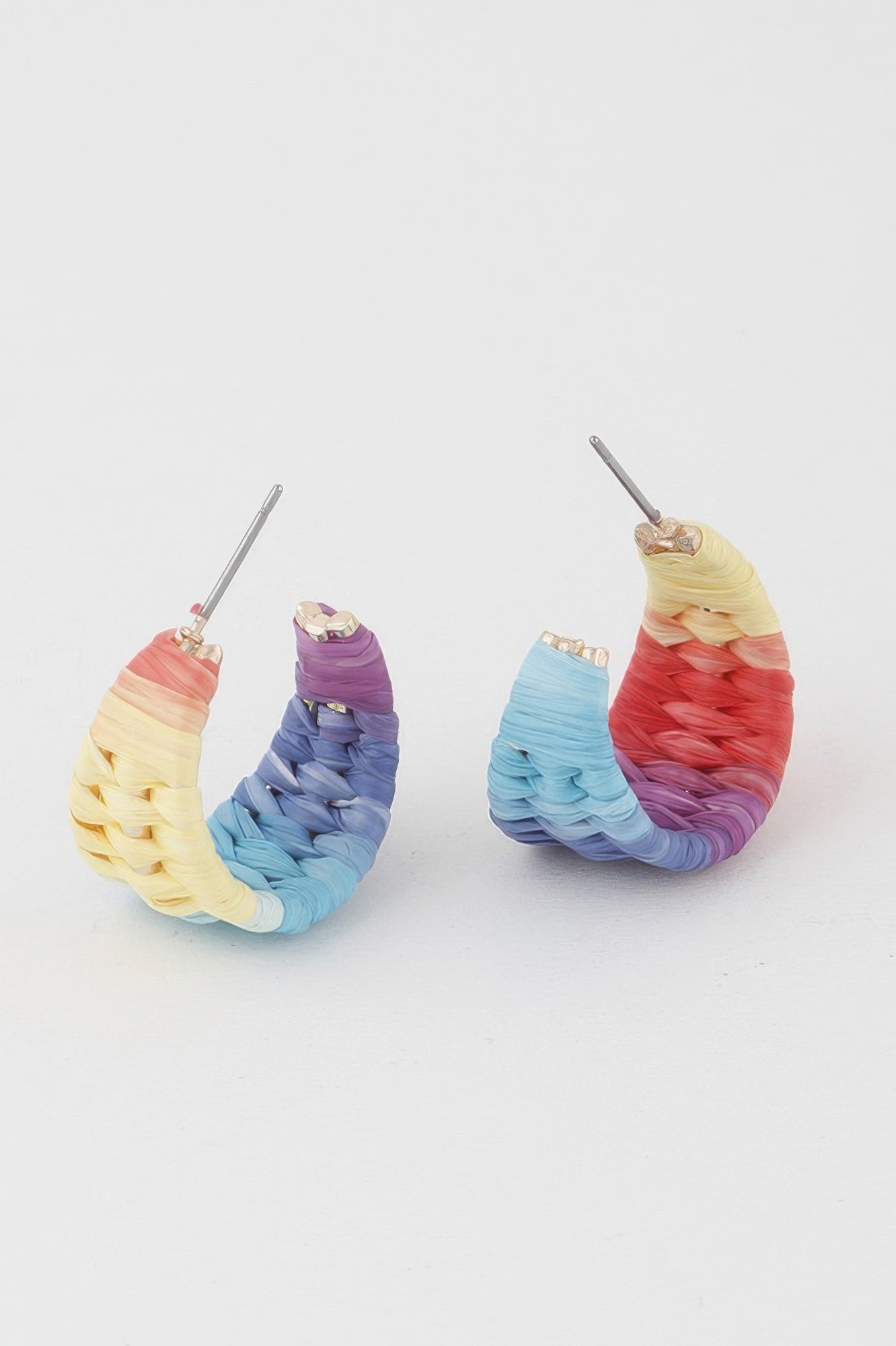 Multicolor triple-woven hoop earrings, ombré weave with gold-toned stud backs and posts