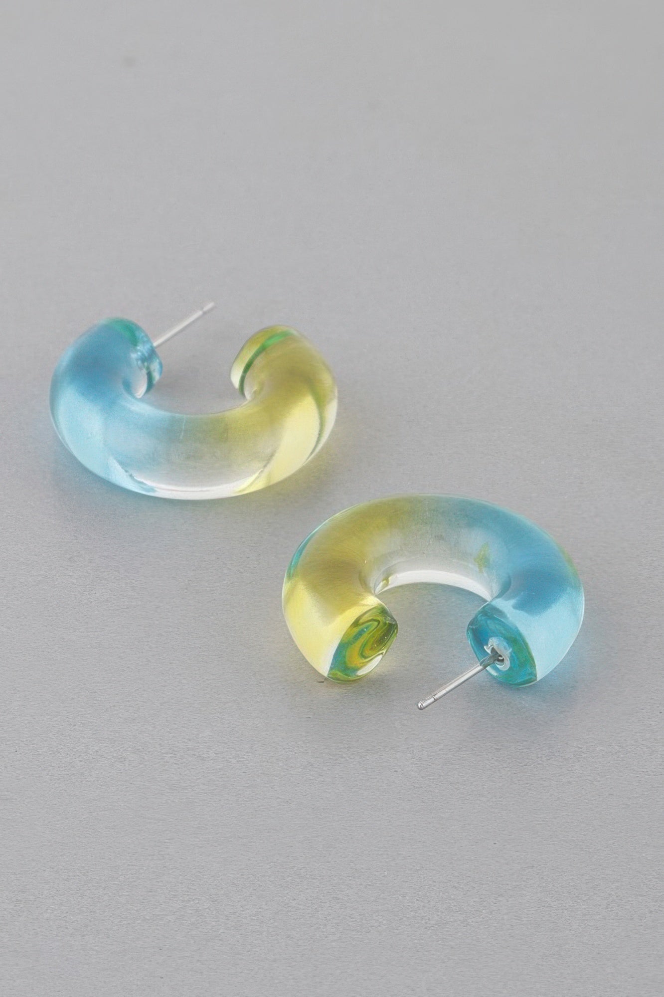 Two Toned clear hoop earrings, yellow-green with soft blue two-tone glass