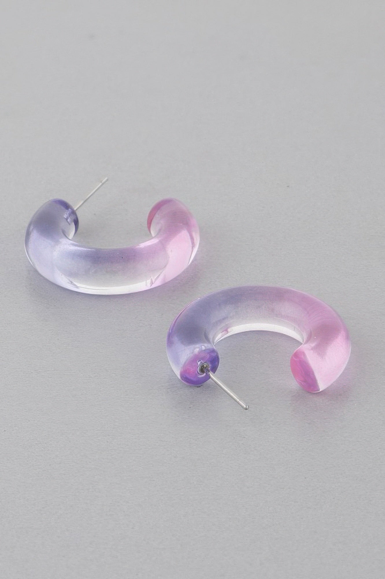 Two Toned clear hoop earrings, lavender and pink translucent glass hoops