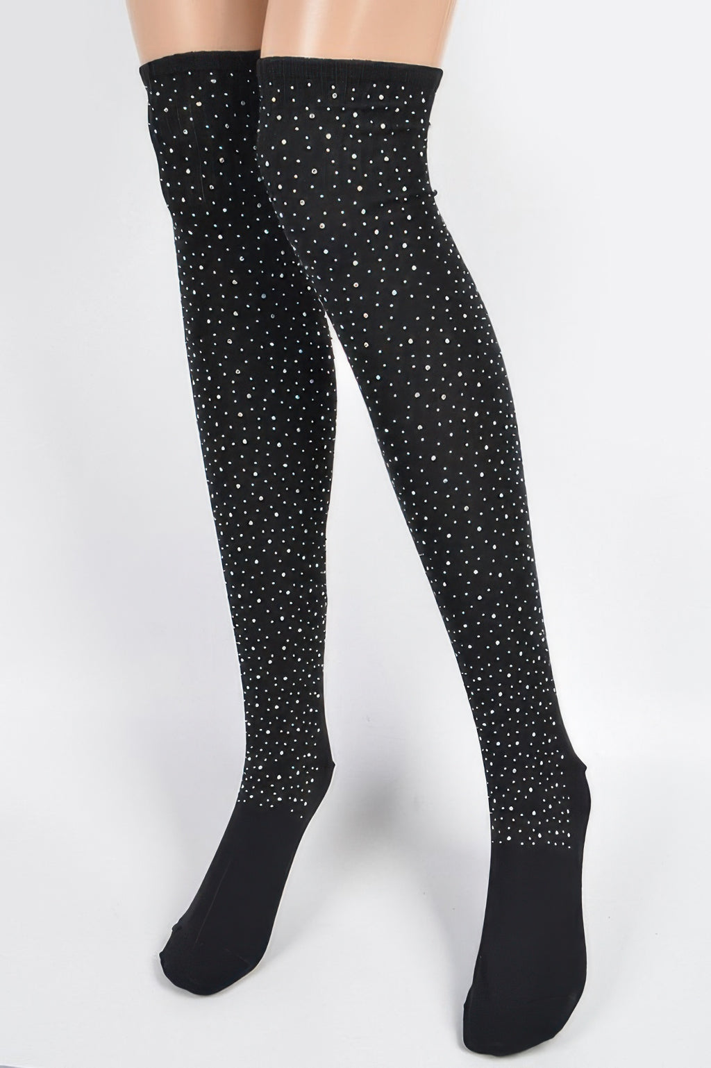 Stone knee-high socks in black with small rhinestone dots and ribbed cuff