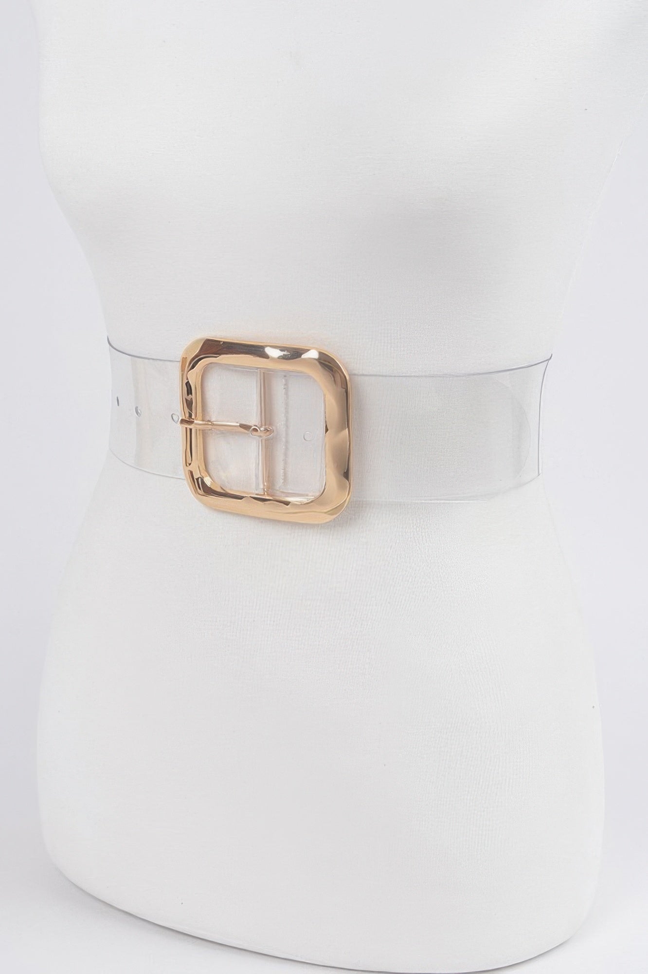 Transparent belt with oversized square gold buckle