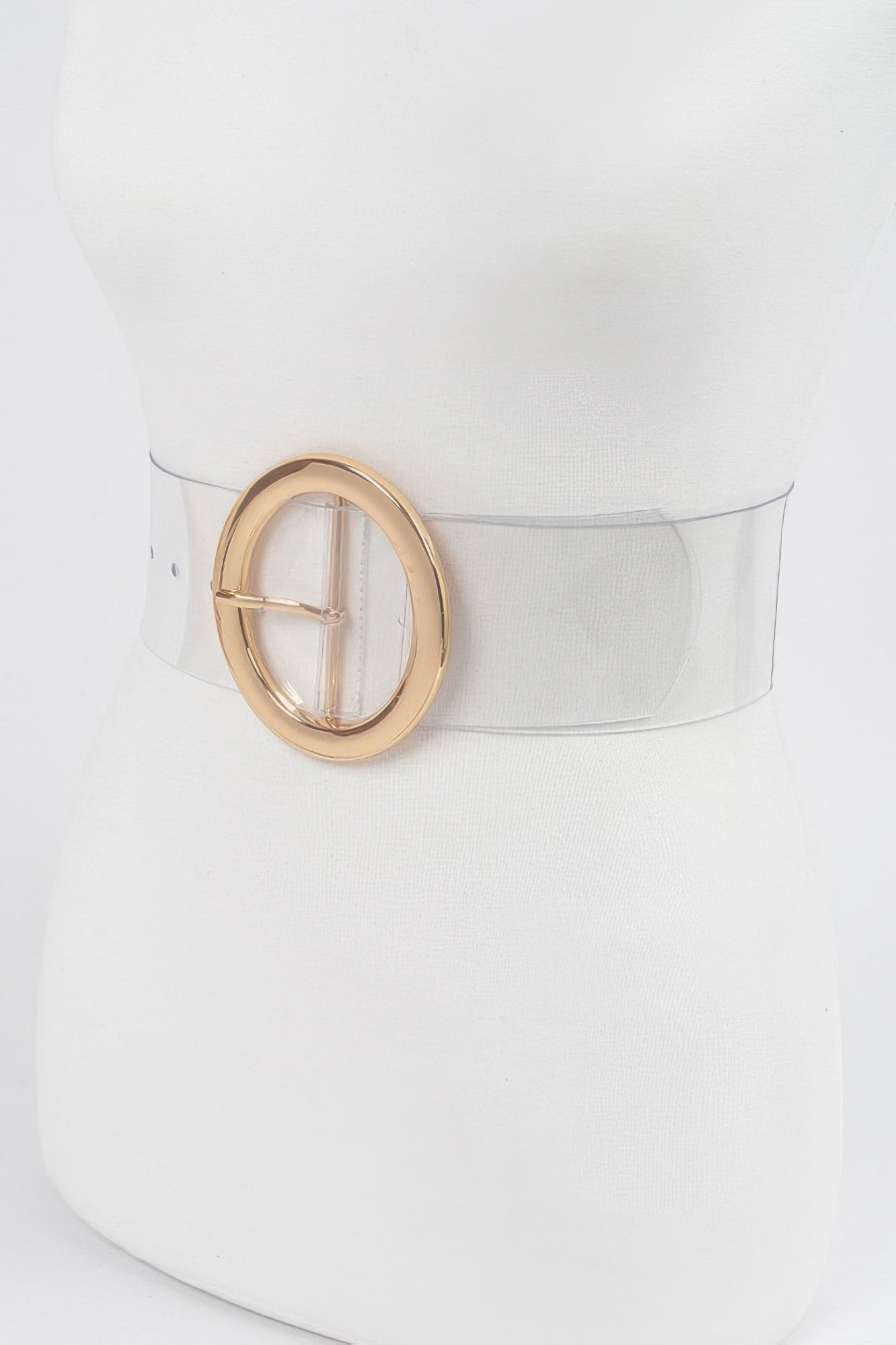 Transparent belt with gold-tone round buckle clasp detail