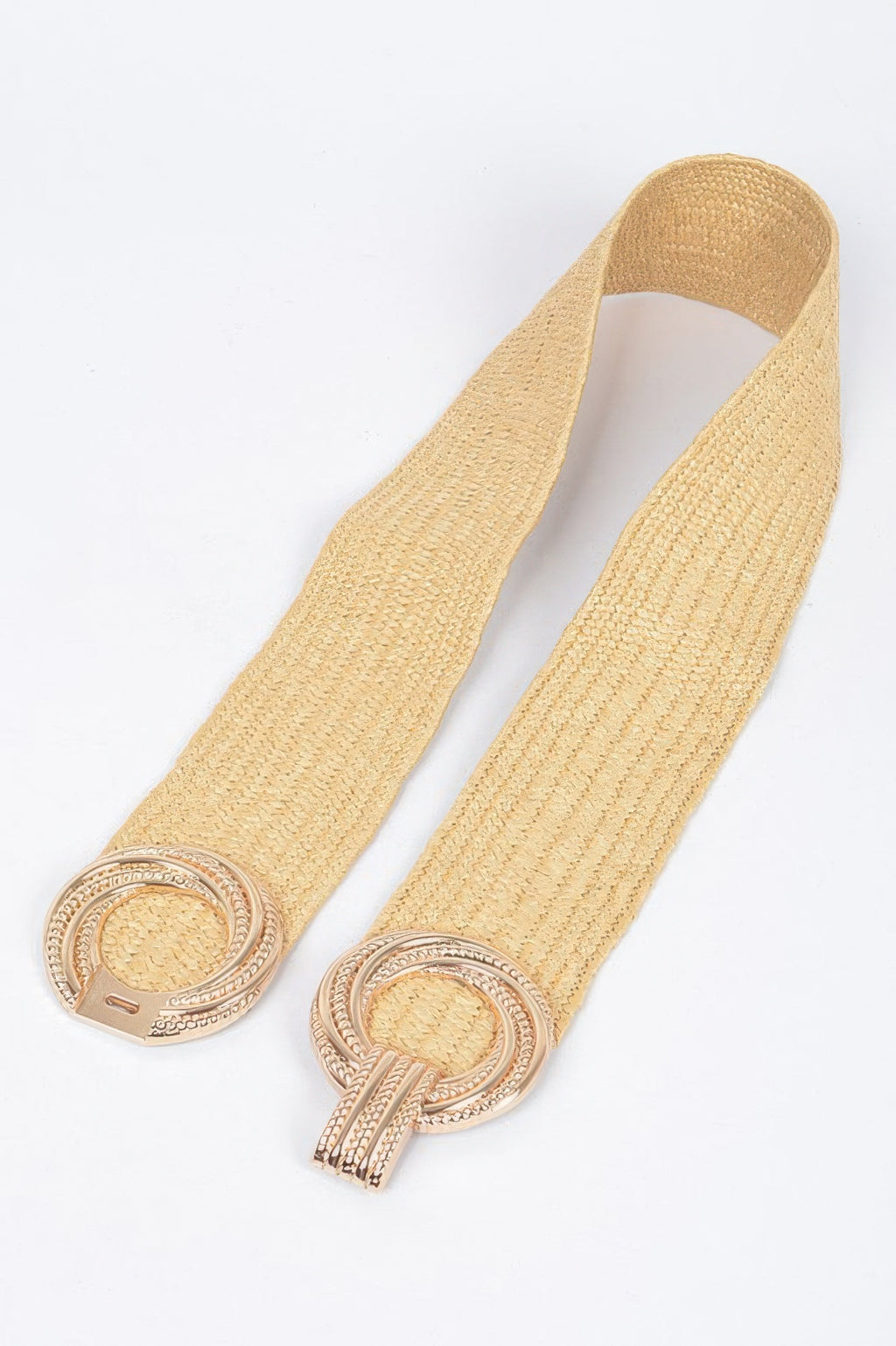 Khaki stretch waist belt with two round metal buckle ends and long strap tails