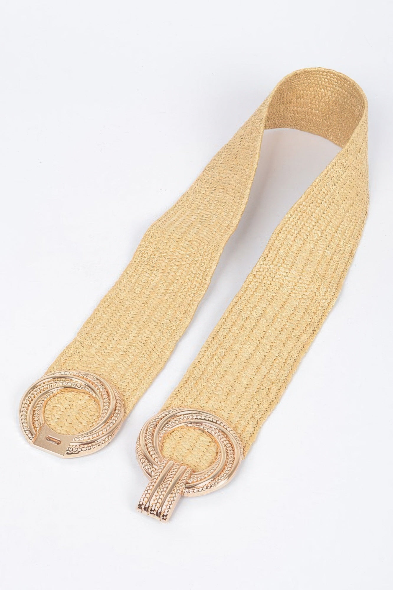 Khaki stretch waist belt with two round metal buckle ends and long strap tails