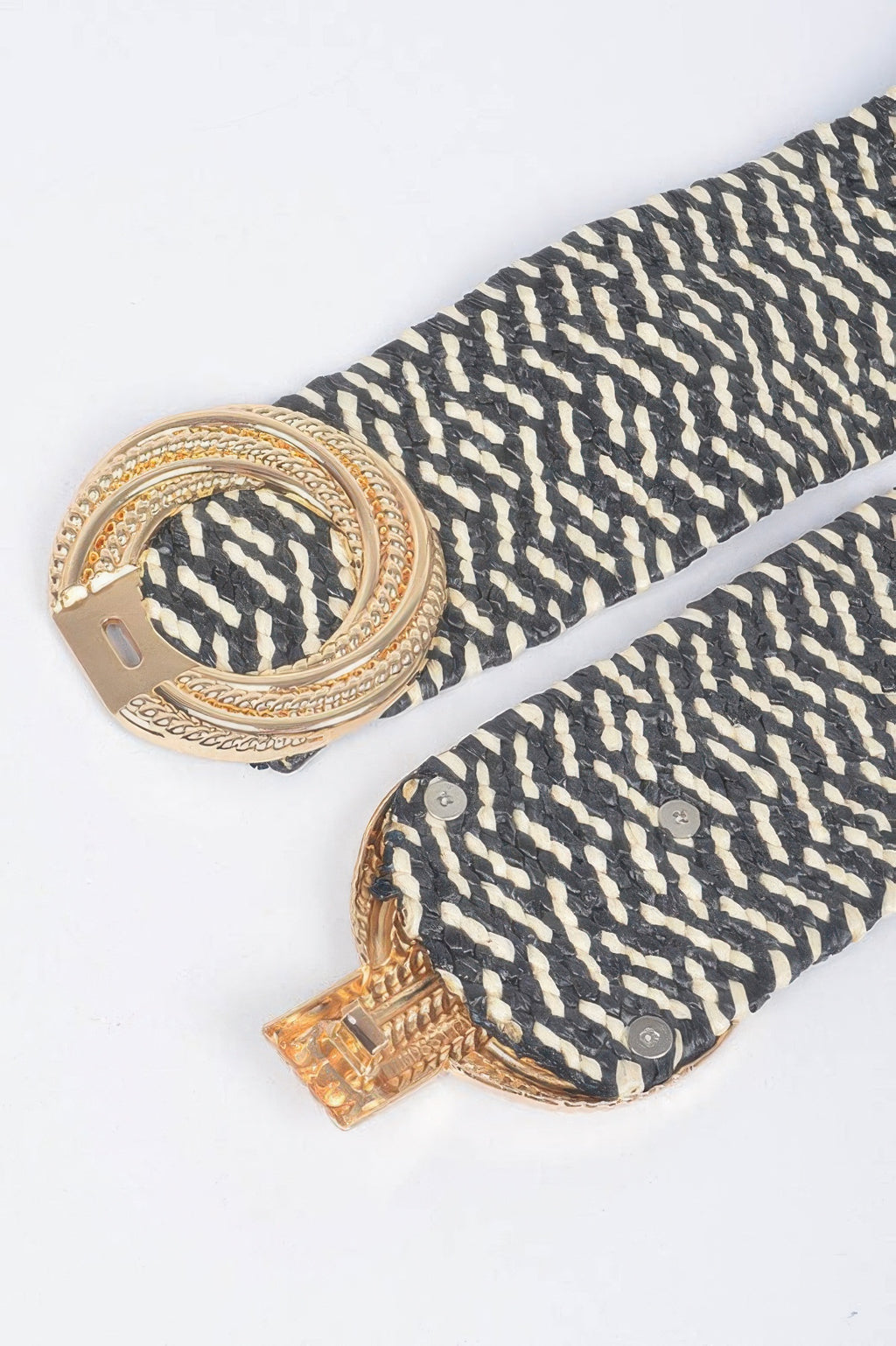 Metal buckle stretch waist belt, multicolor chevron pattern with gold oval buckle