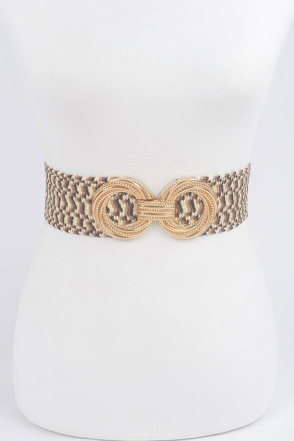 Stretch waist belt with gold double-ring buckle and beige patterned fabric, khaki
