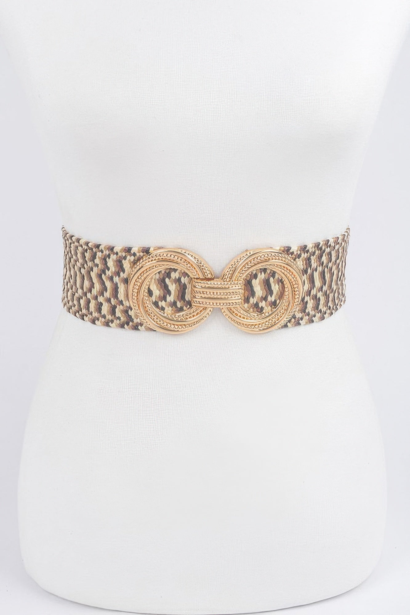 Stretch waist belt with gold double-ring buckle and beige patterned fabric, khaki