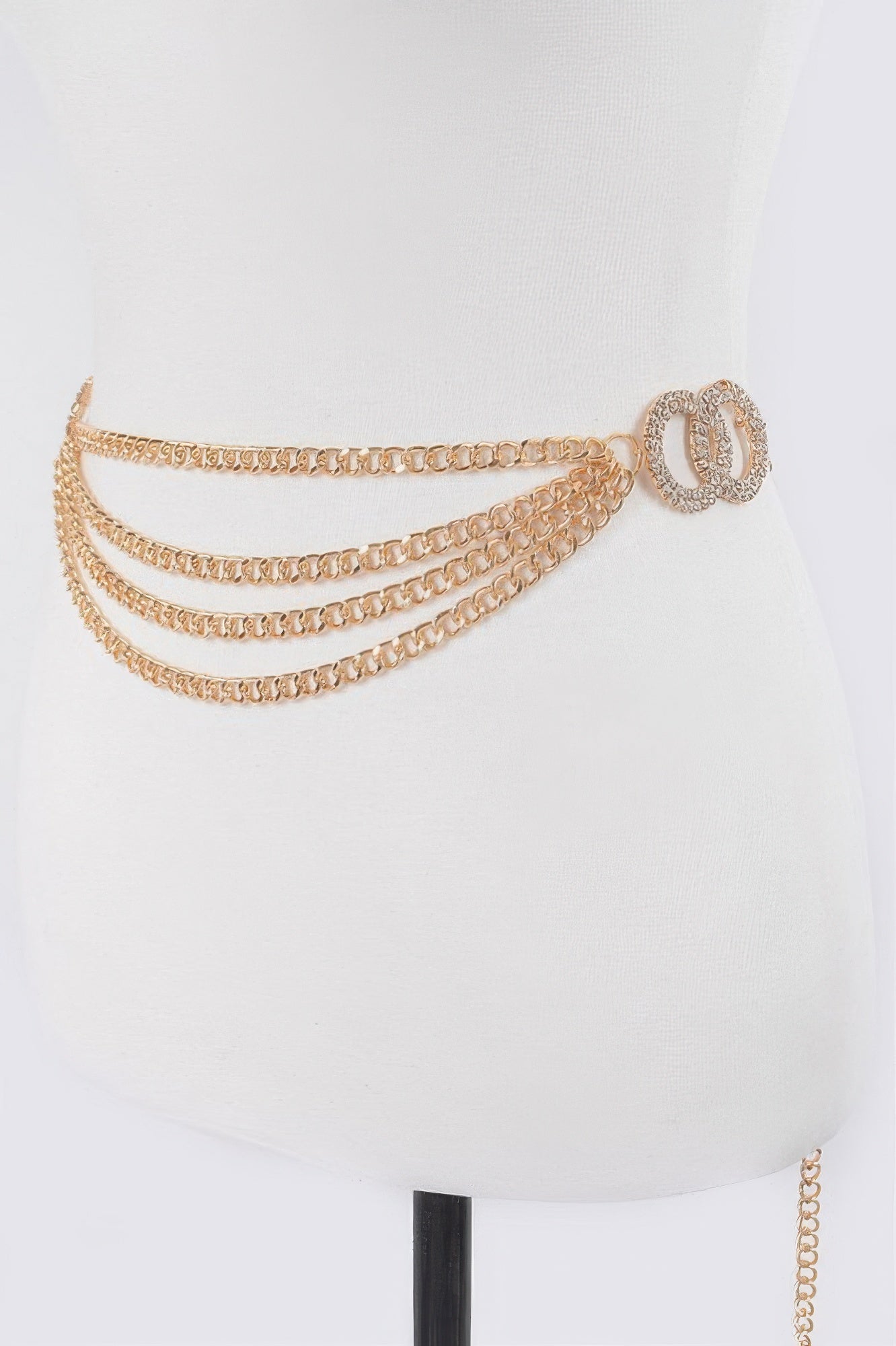 Gold layered chain belt with three chain tiers and round circle buckle clasp