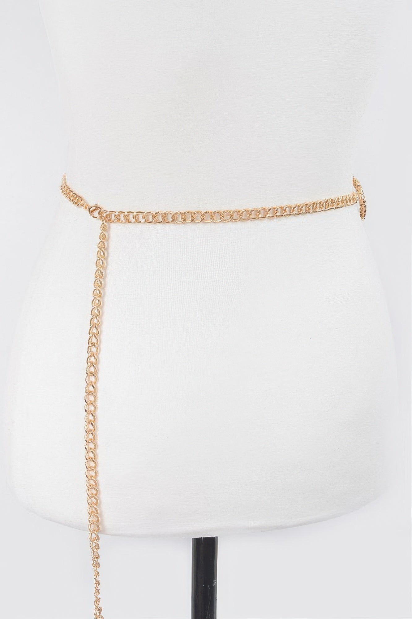 Gold chain belt with top band and long vertical chain strand from waist