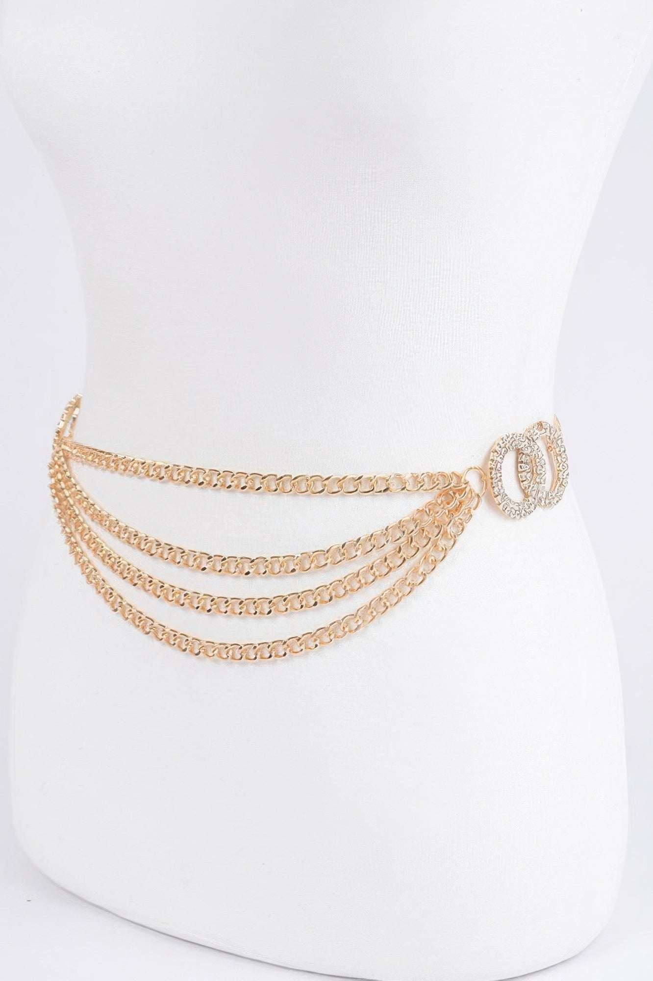 Gold layered chain belt with three-tier drape and round sparkle circle buckle