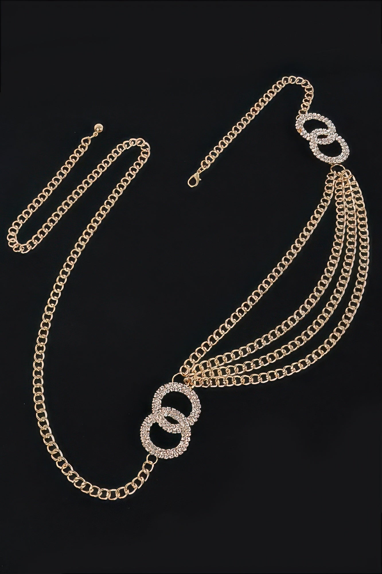 Gold circle buckle layered chain belt with two hanging chain loops
