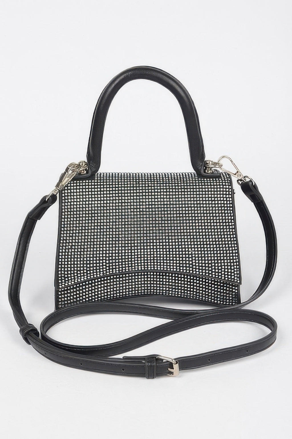 Rhinestone top-handle bag in black with clear-tone sparkle and short crossbody strap