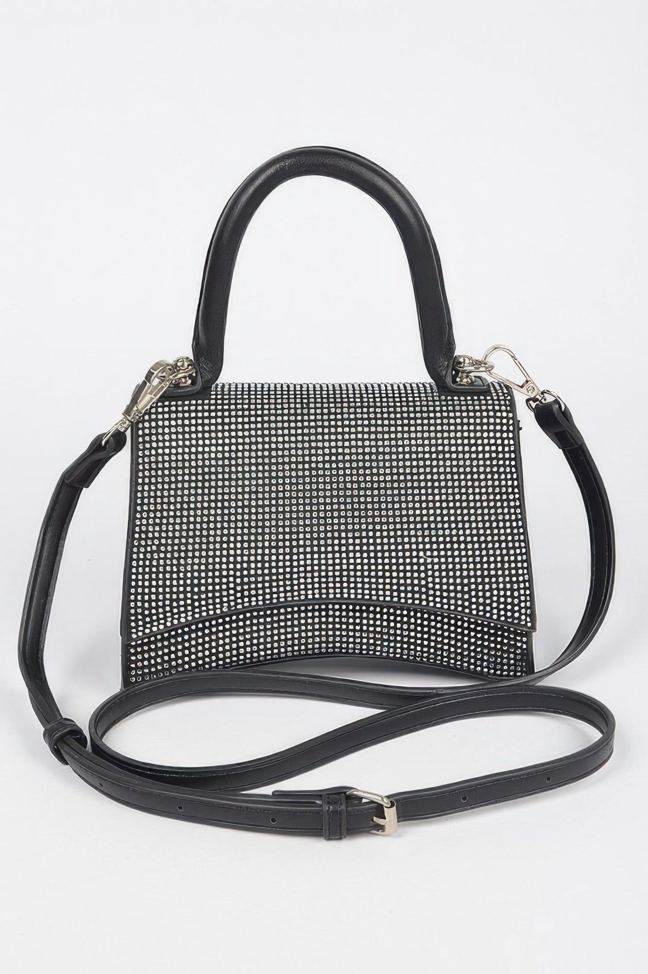 Rhinestone top-handle bag in black with clear-tone sparkle and short crossbody strap