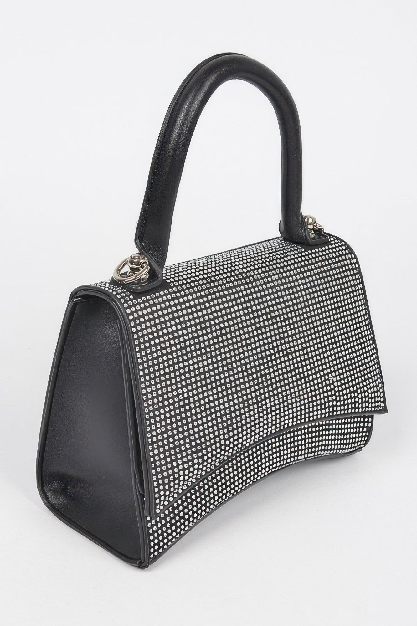 Rhinestone top-handle bag, black faux-leather sides with clear-tone rhinestone front flap
