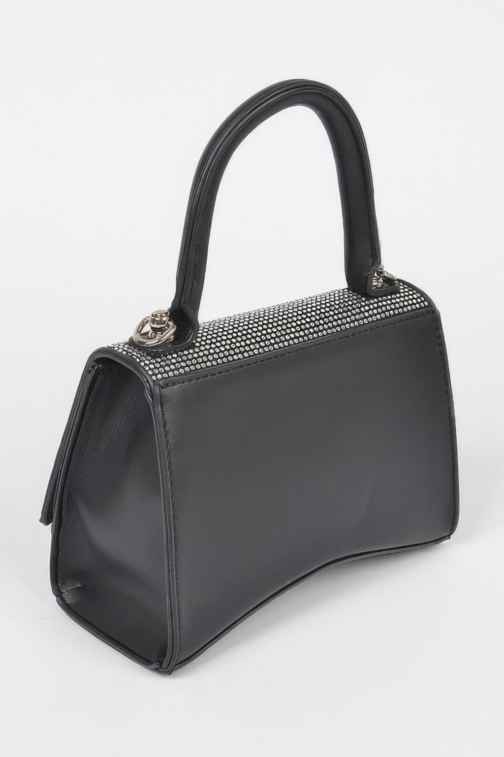 Rhinestone top-handle bag black with rhinestone top panel and structured boxy shape