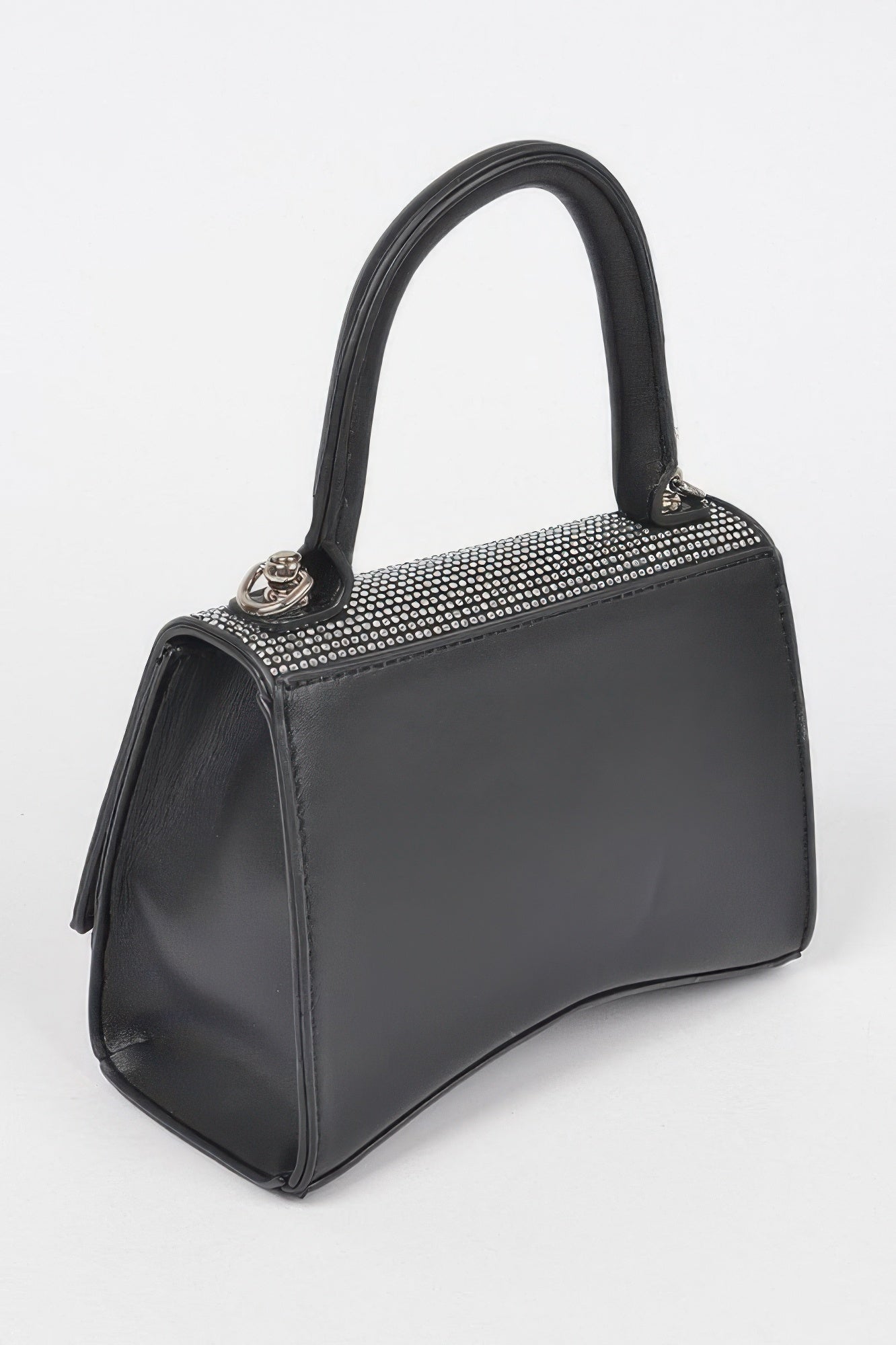 Rhinestone top-handle bag black with rhinestone top panel and structured boxy shape