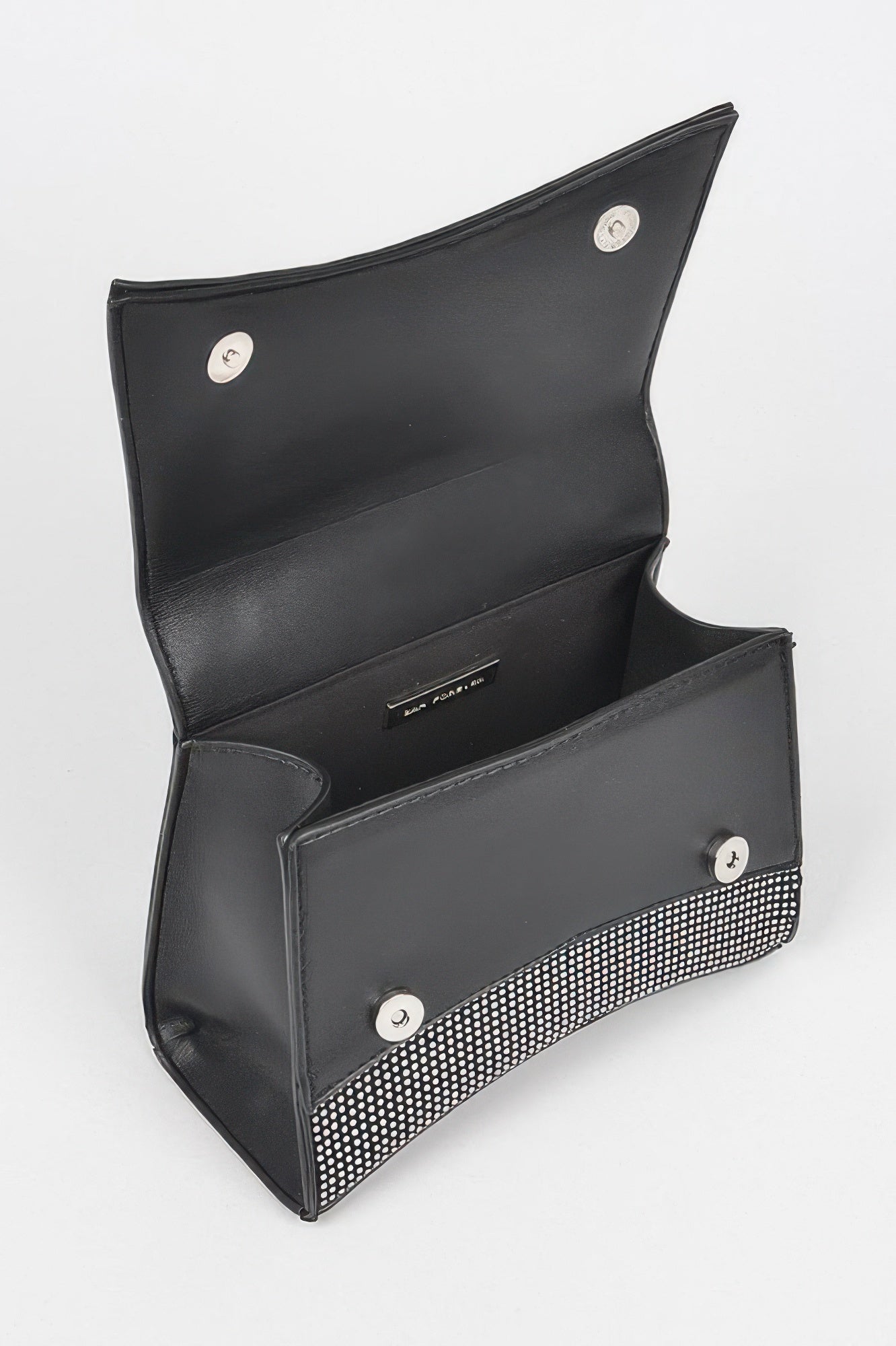Rhinestone top-handle bag black open view with interior pocket and snap button closure