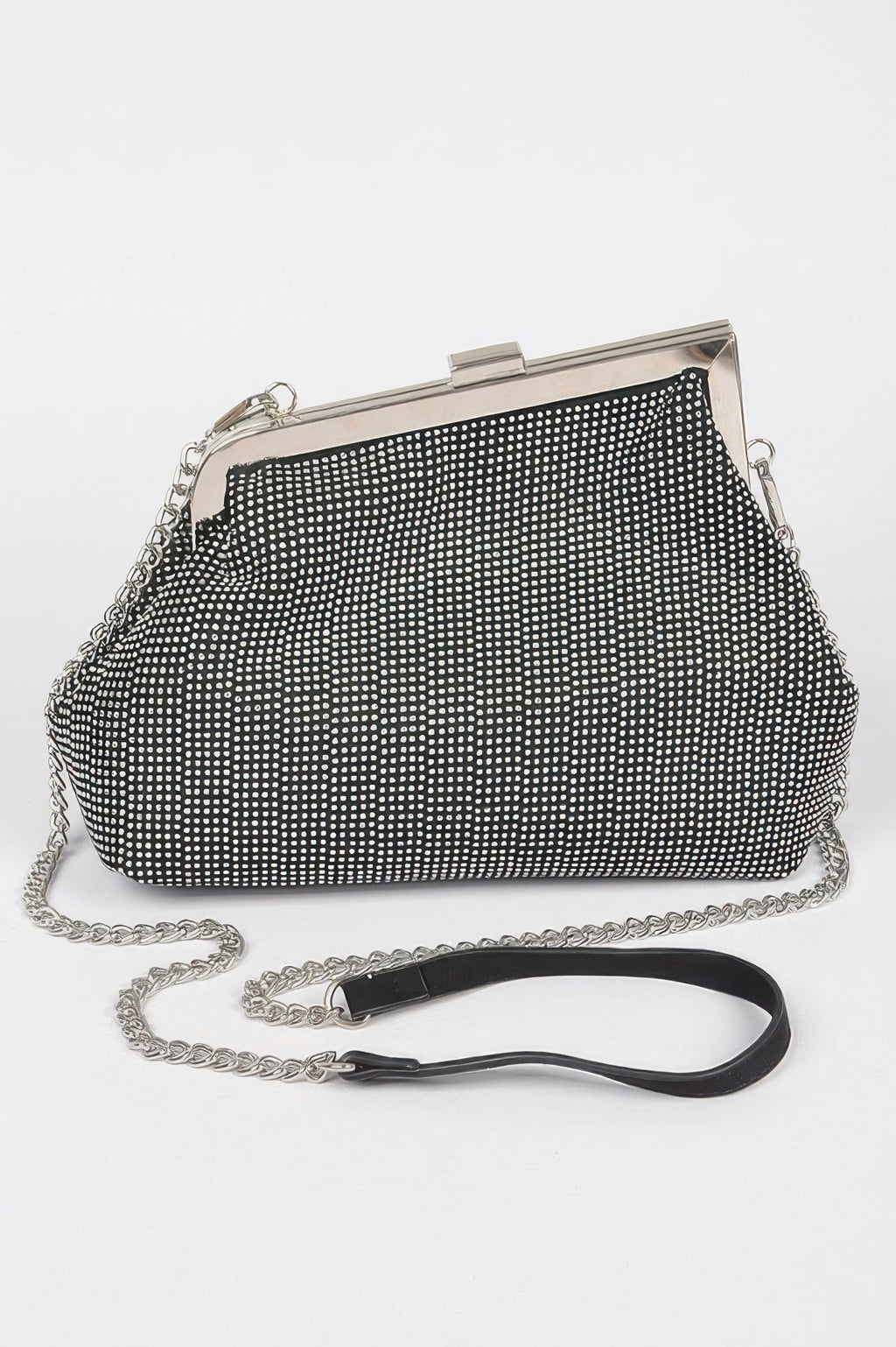 Rhinestone party frame clutch in black with clear stones, metal clasp and chain strap