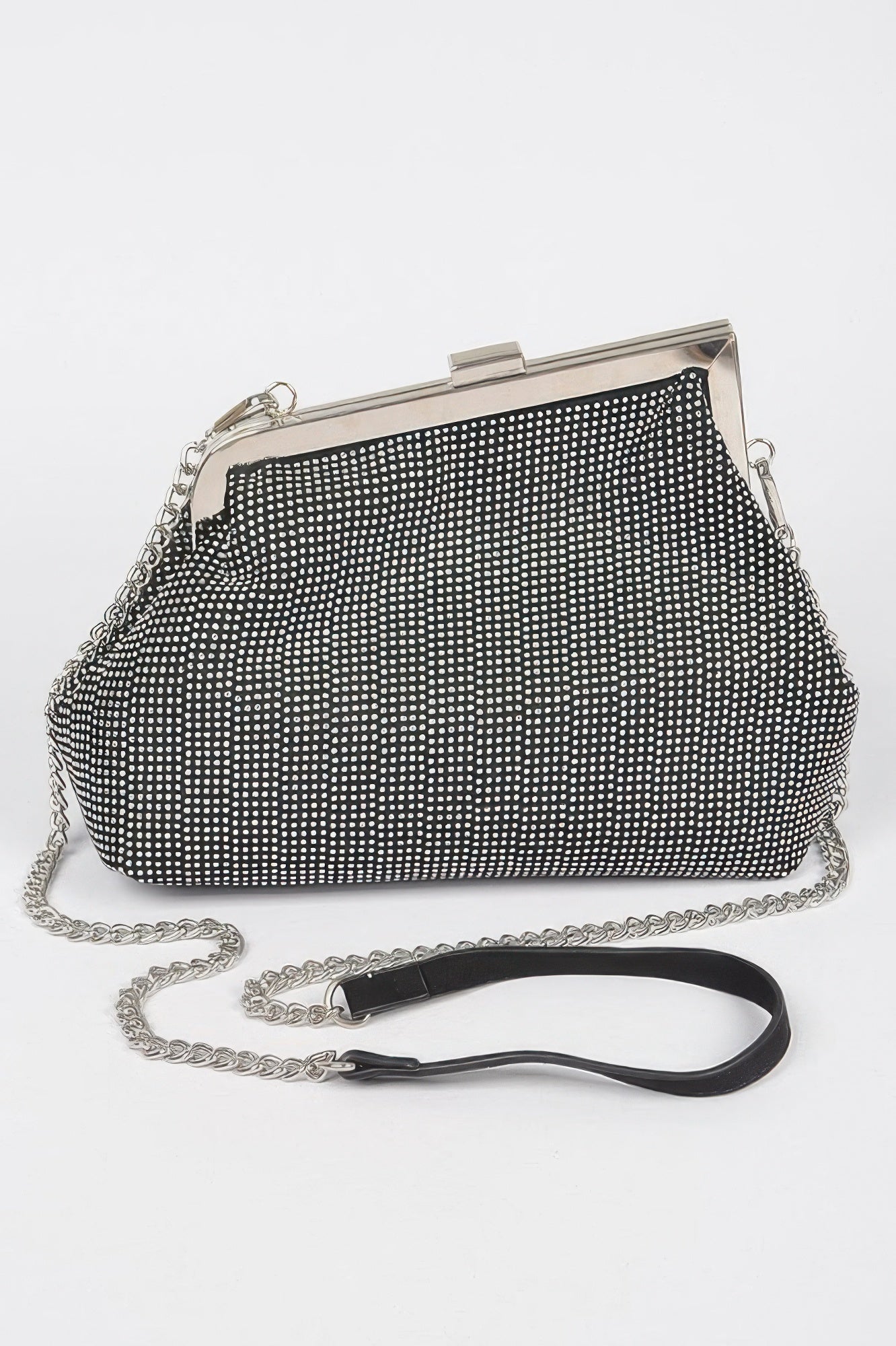 Rhinestone party frame clutch in black with clear stones, metal clasp and chain strap