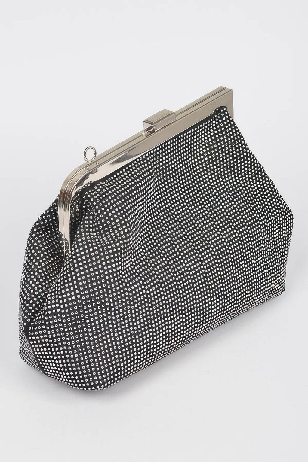 Black rhinestone frame clutch with top clasp and chain strap, angled side view