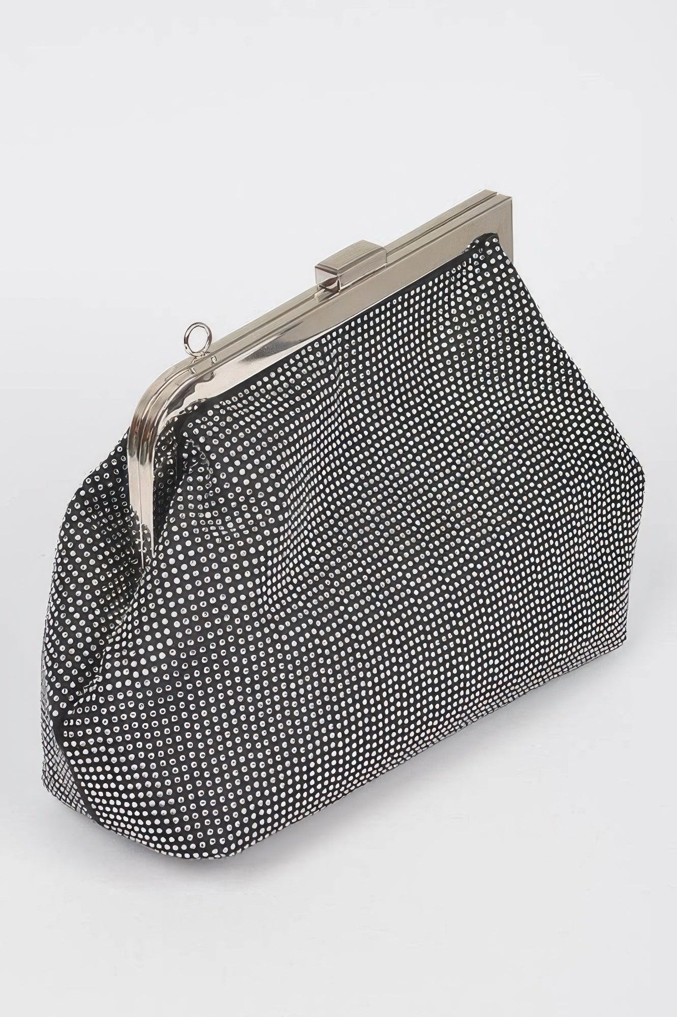 Black rhinestone frame clutch with top clasp and chain strap, angled side view