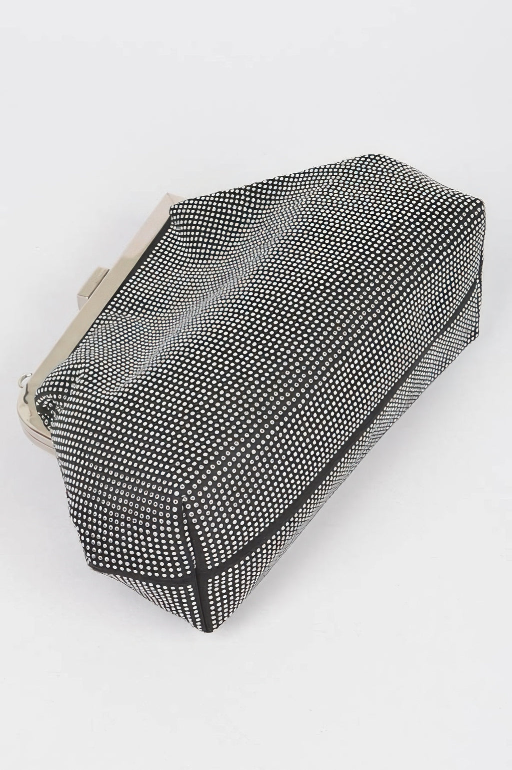 Black rhinestone frame clutch angled view, sparkling stone mesh over metal frame