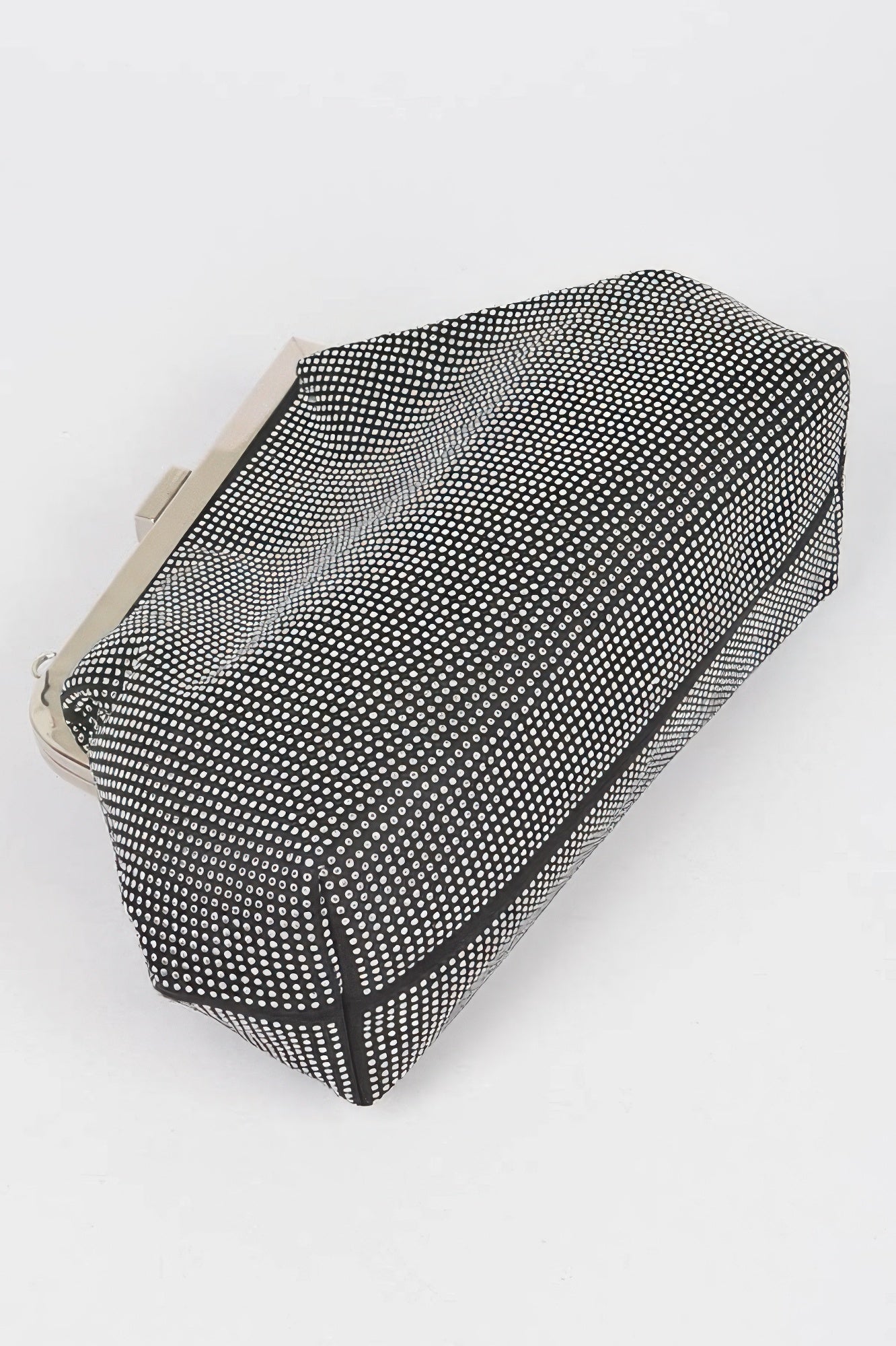 Black rhinestone frame clutch angled view, sparkling stone mesh over metal frame