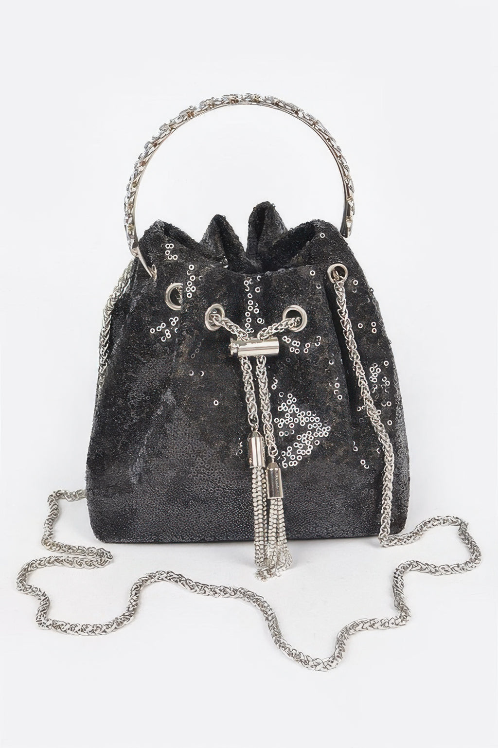 Sequin Bucket Bag mit Kettenhenkel, schwarz, geformtes Oberteil, Zugverschluss