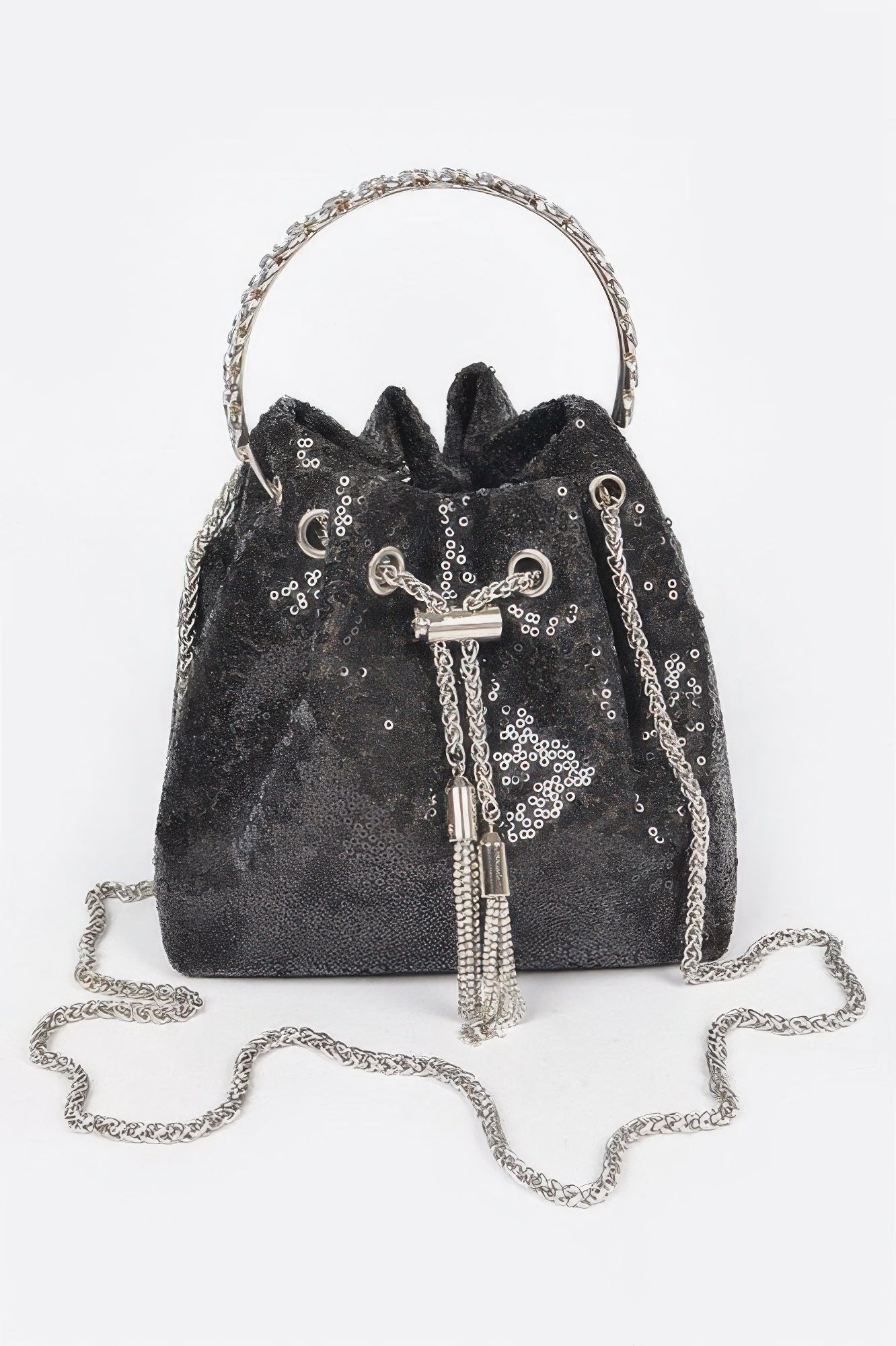 Sequin Bucket Bag mit Kettenhenkel, schwarz, geformtes Oberteil, Zugverschluss