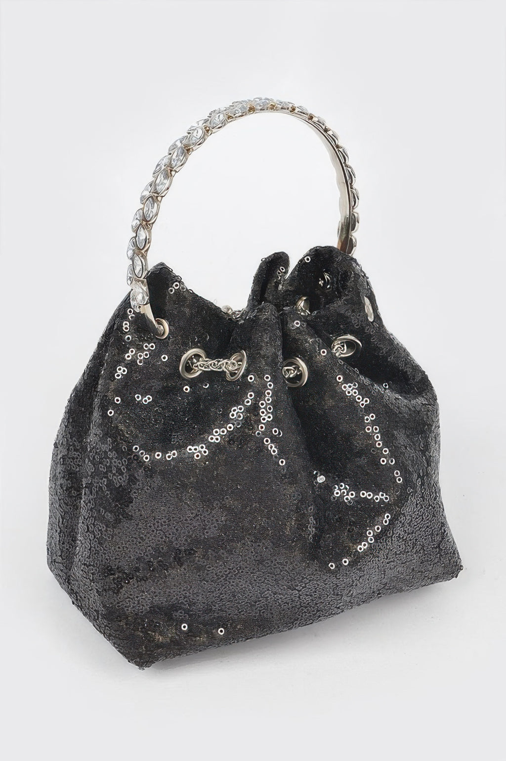 Schwarze Sequin-Bucket-Bag mit breitem Kettenhenkel und silbernen Ösen vorne