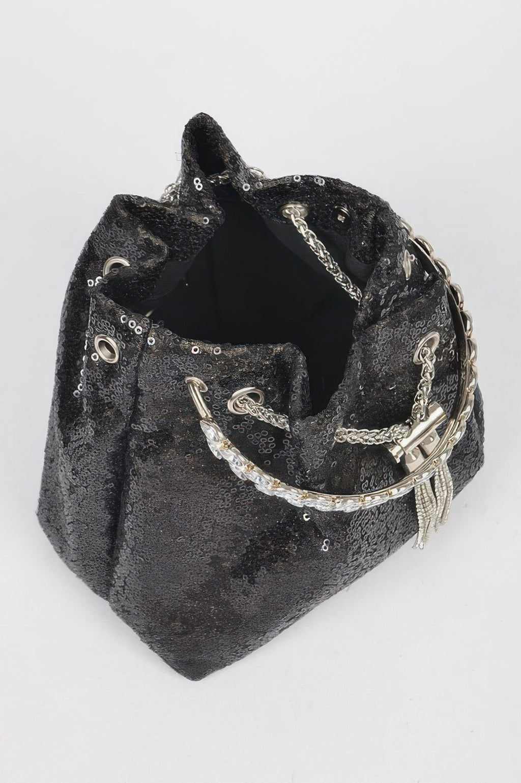 Schwarze Sequin-Bucket-Bag mit Kettenriemen, Metallgürtelschnalle und Innenfutter