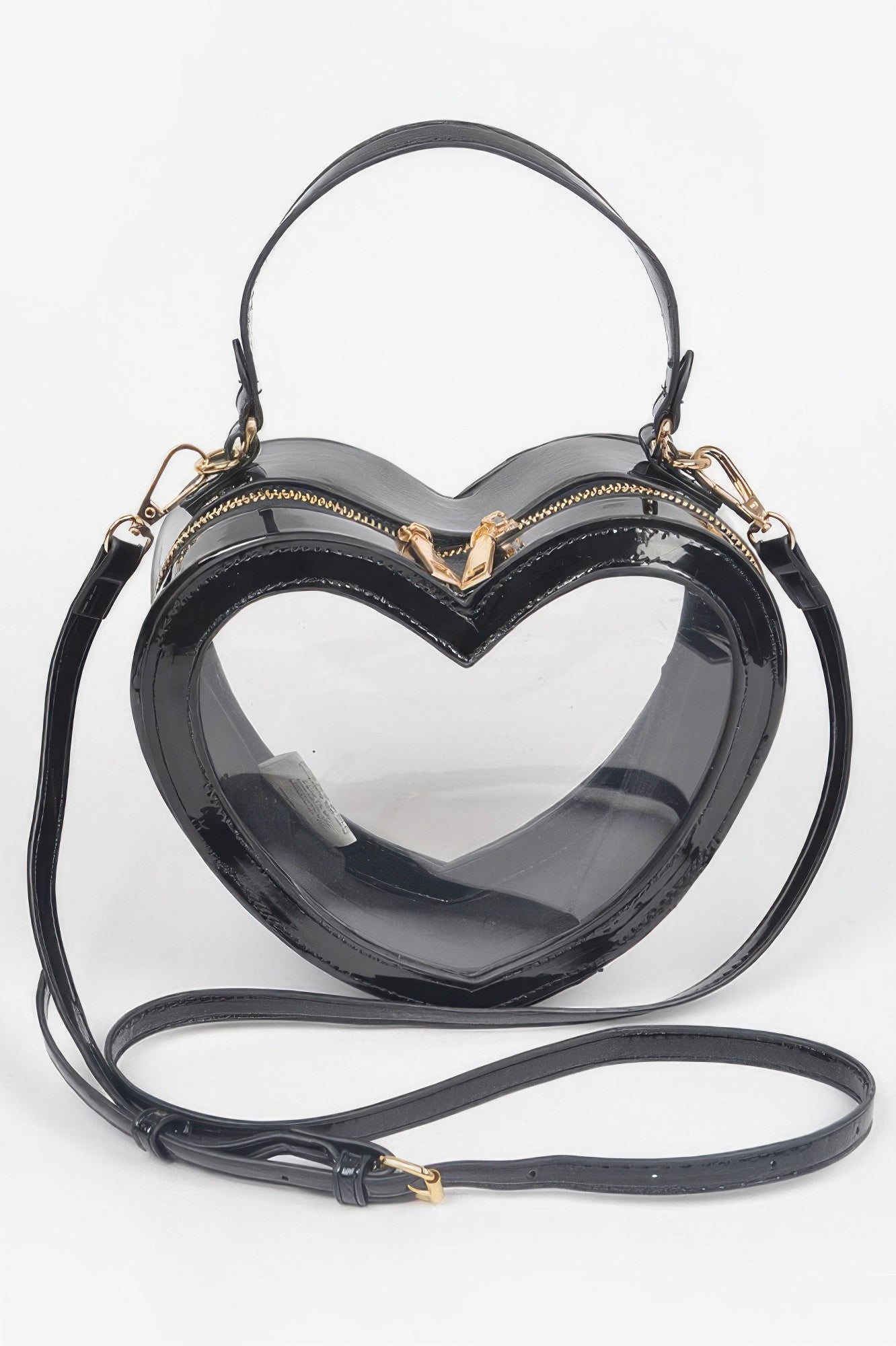 Black heart-shaped transparent crossbody bag with gold zipper and shoulder strap